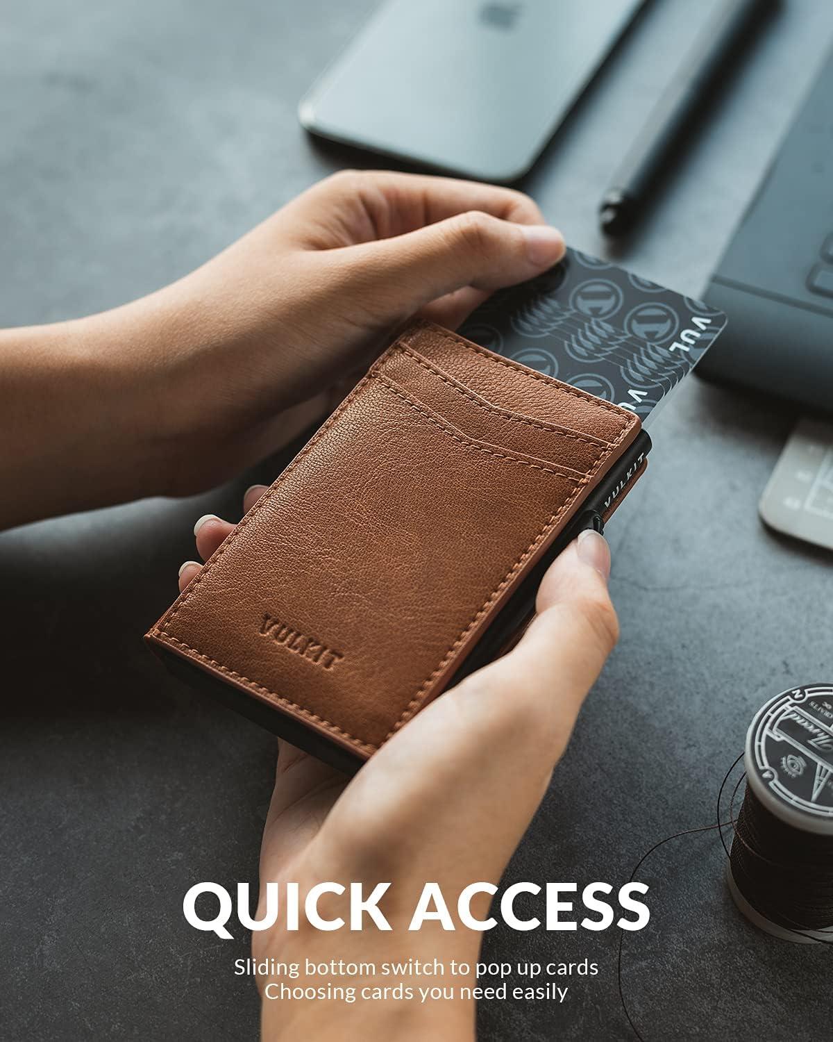 image:imageVULKIT Mens Slim Wallets Pop Up Card Holder RFID Blocking Metal Wallet Minimalist Design Holds Up to 11 CardsBrown