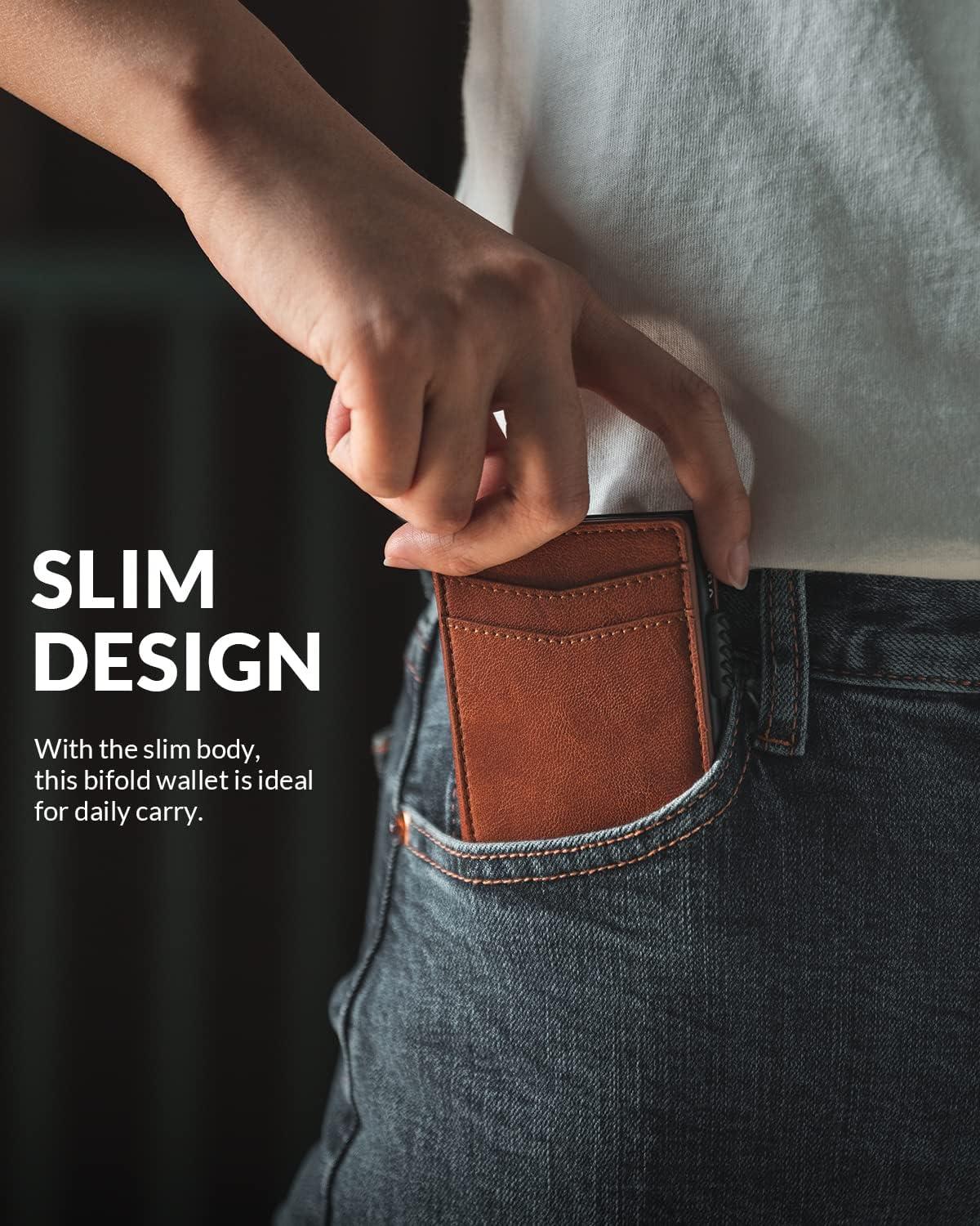 image:imageVULKIT Mens Slim Wallets Pop Up Card Holder RFID Blocking Metal Wallet Minimalist Design Holds Up to 11 CardsCaramel