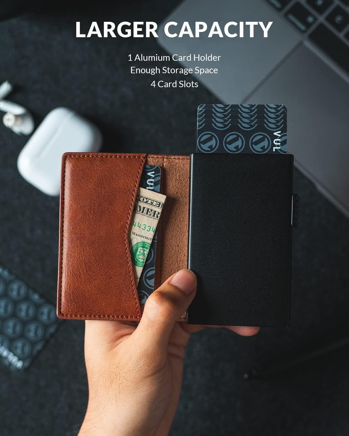 image:imageVULKIT Mens Slim Wallets Pop Up Card Holder RFID Blocking Metal Wallet Minimalist Design Holds Up to 11 CardsCaramel