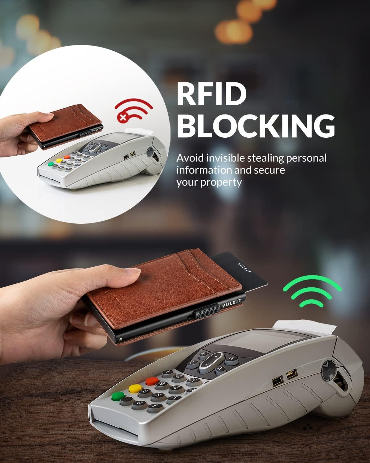 image:imageVULKIT Mens Slim Wallets Pop Up Card Holder RFID Blocking Metal Wallet Minimalist Design Holds Up to 11 CardsCaramel