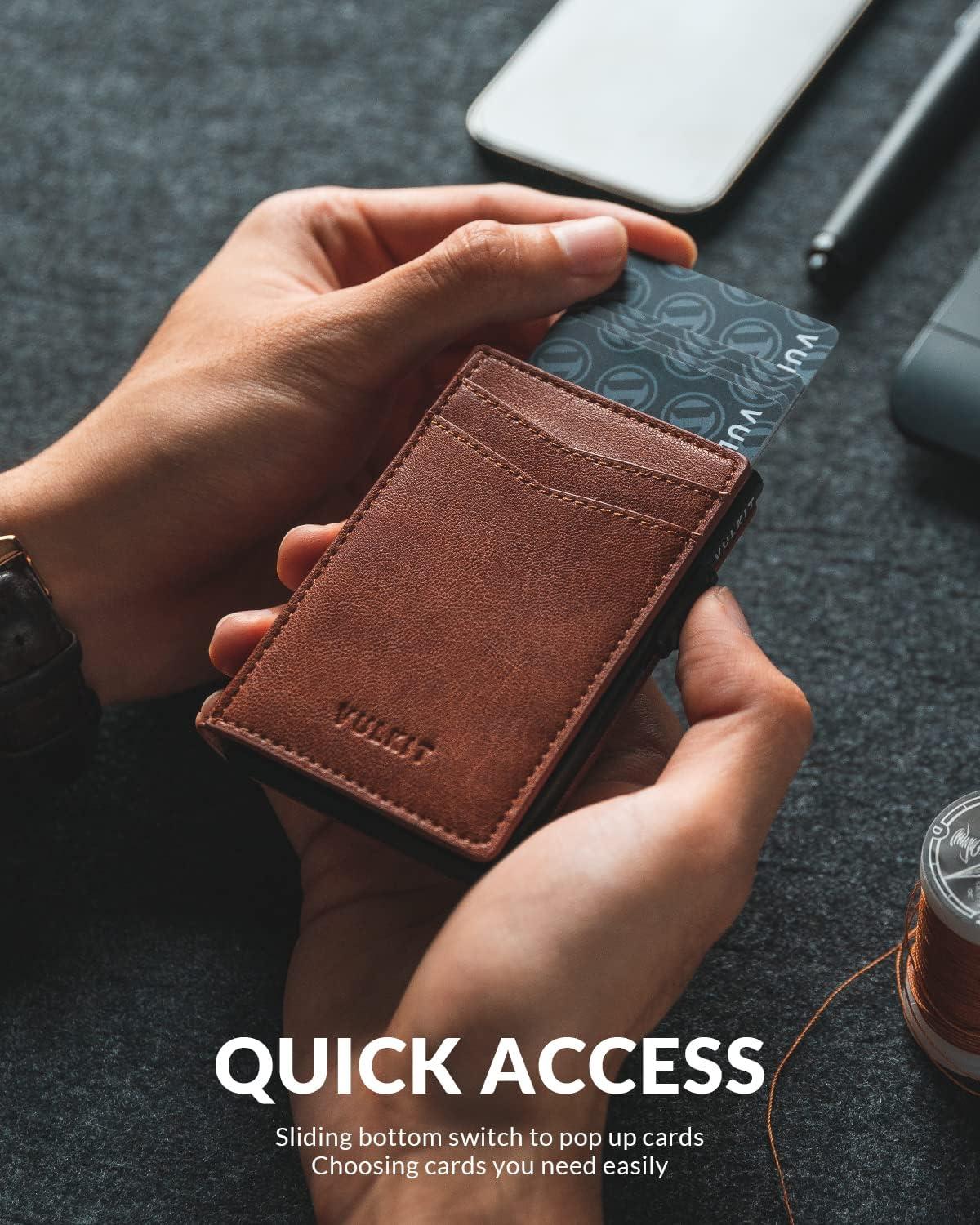 image:imageVULKIT Mens Slim Wallets Pop Up Card Holder RFID Blocking Metal Wallet Minimalist Design Holds Up to 11 CardsCaramel