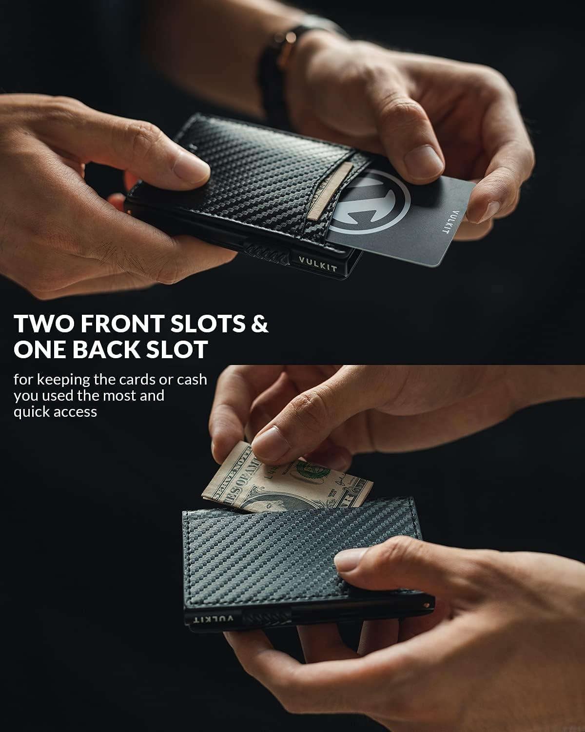 image:imageVULKIT Mens Slim Wallets Pop Up Card Holder RFID Blocking Metal Wallet Minimalist Design Holds Up to 11 CardsCarbon Fiber Black