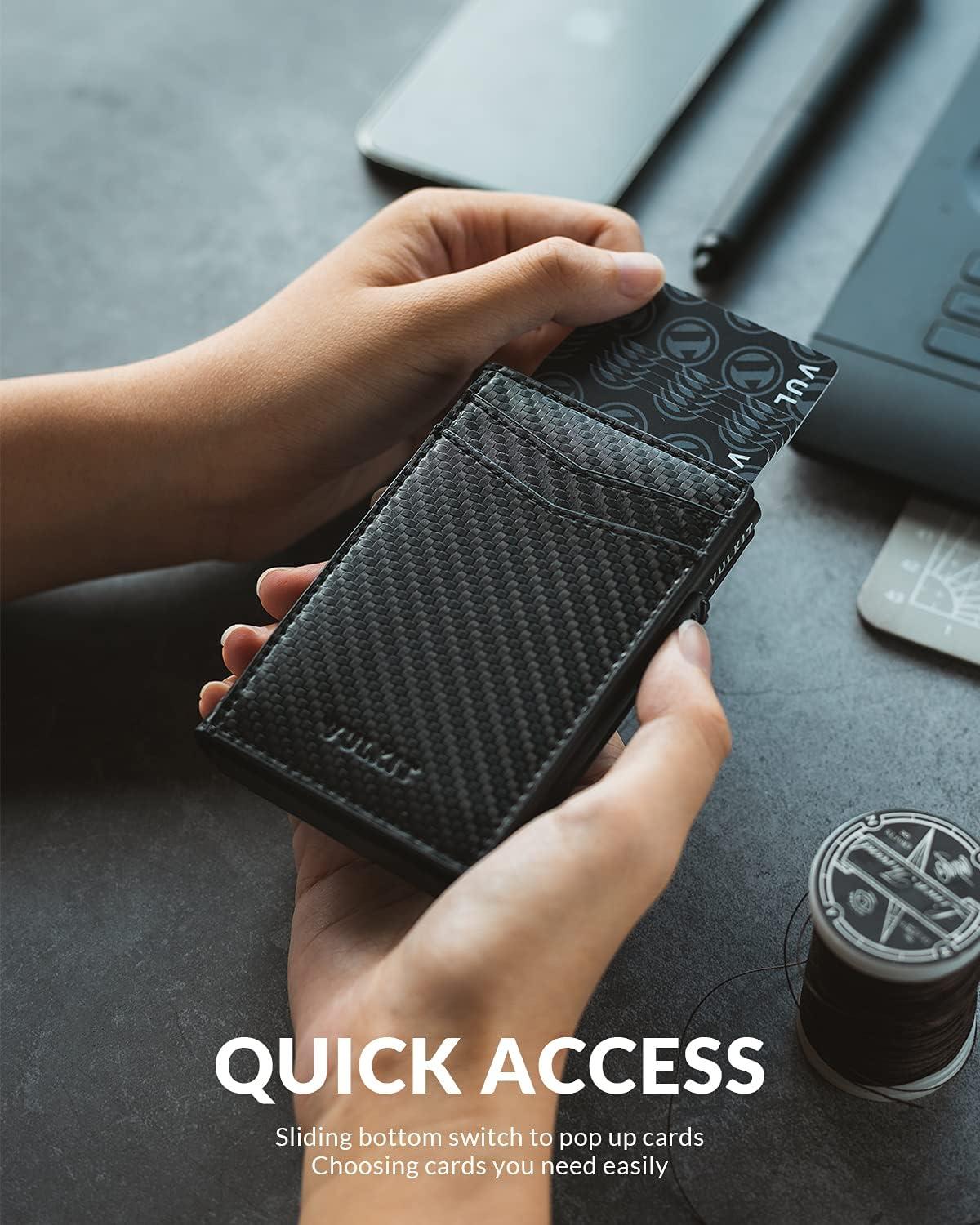 image:imageVULKIT Mens Slim Wallets Pop Up Card Holder RFID Blocking Metal Wallet Minimalist Design Holds Up to 11 CardsCarbon Fiber Black