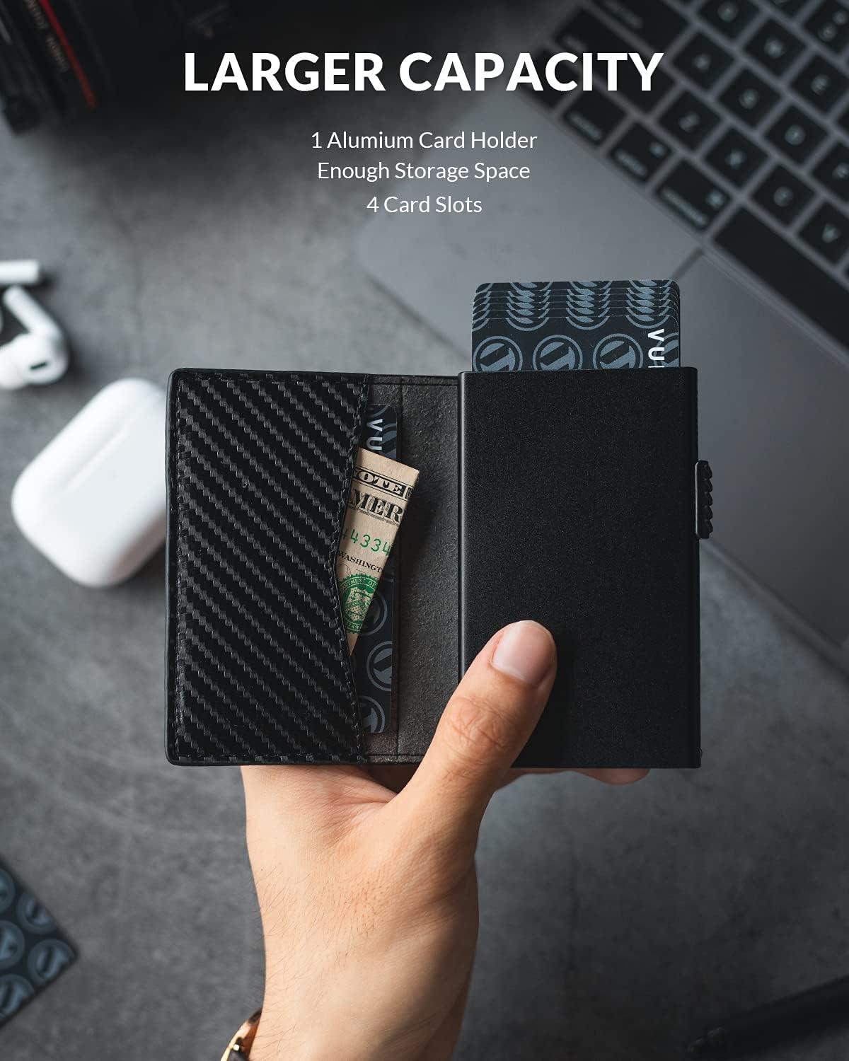image:imageVULKIT Mens Slim Wallets Pop Up Card Holder RFID Blocking Metal Wallet Minimalist Design Holds Up to 11 CardsCarbon Fiber Black