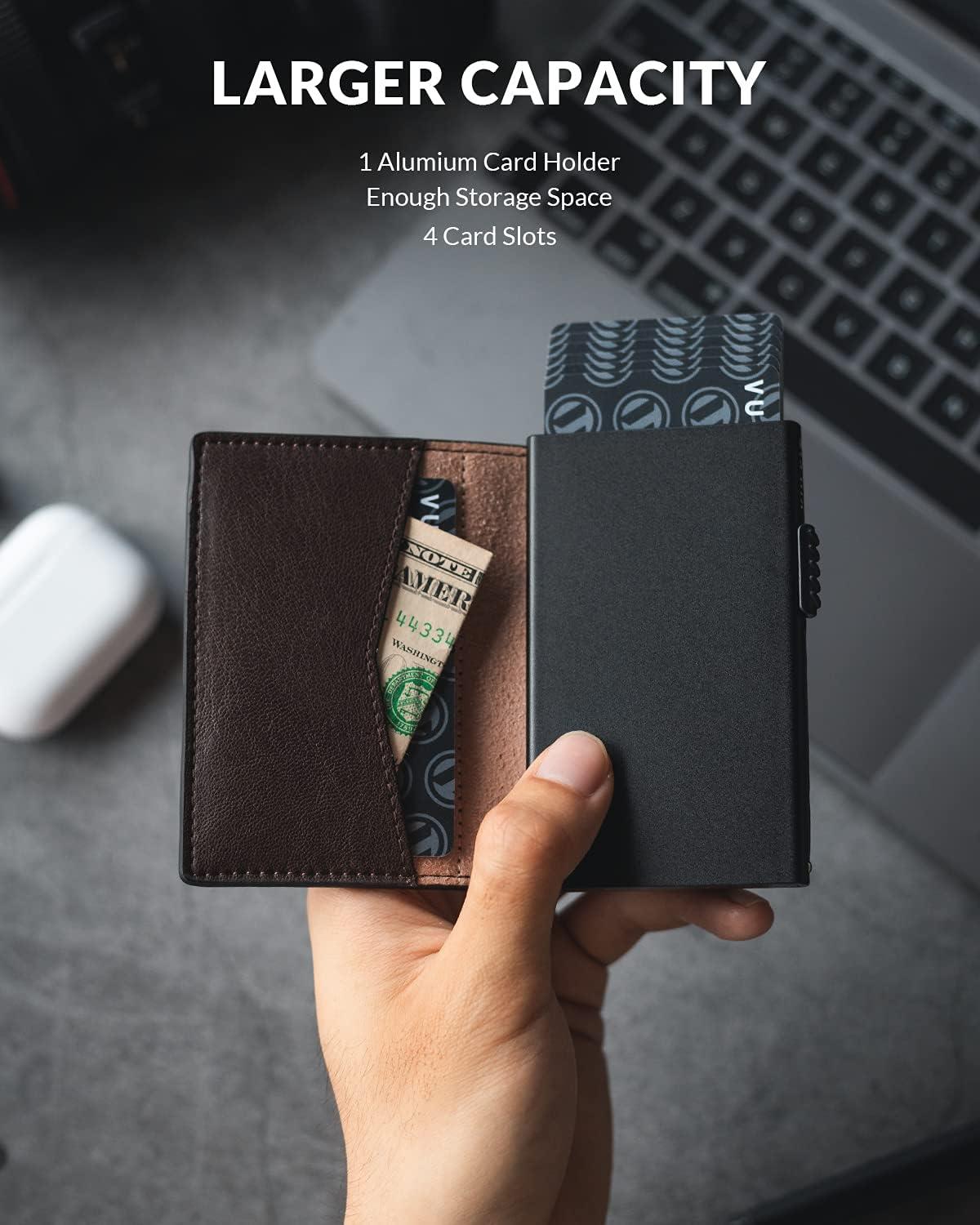 image:imageVULKIT Mens Slim Wallets Pop Up Card Holder RFID Blocking Metal Wallet Minimalist Design Holds Up to 11 CardsEspresso