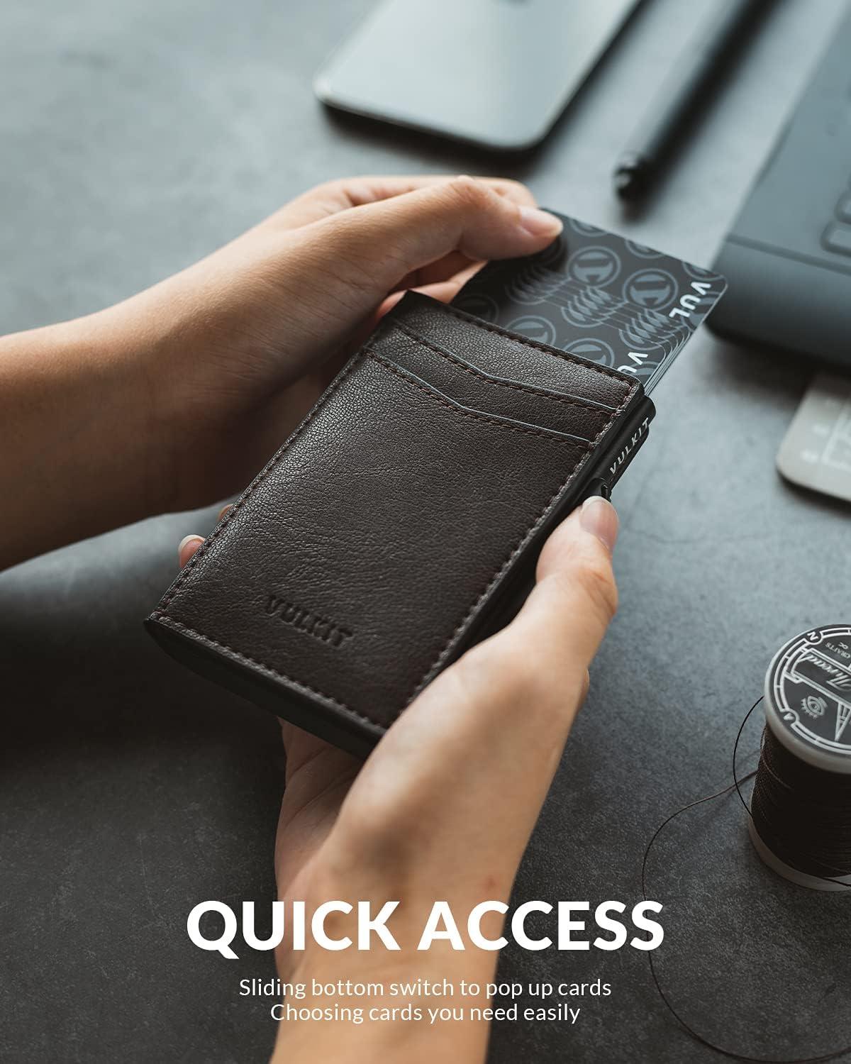 image:imageVULKIT Mens Slim Wallets Pop Up Card Holder RFID Blocking Metal Wallet Minimalist Design Holds Up to 11 CardsEspresso
