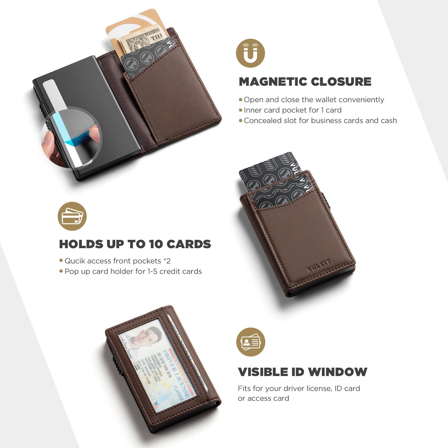 image:imageVULKIT Mens Slim Wallets Pop Up Card Holder RFID Blocking Metal Wallet Minimalist Design Holds Up to 11 CardsG2Premium EspressoMagnetic Closure