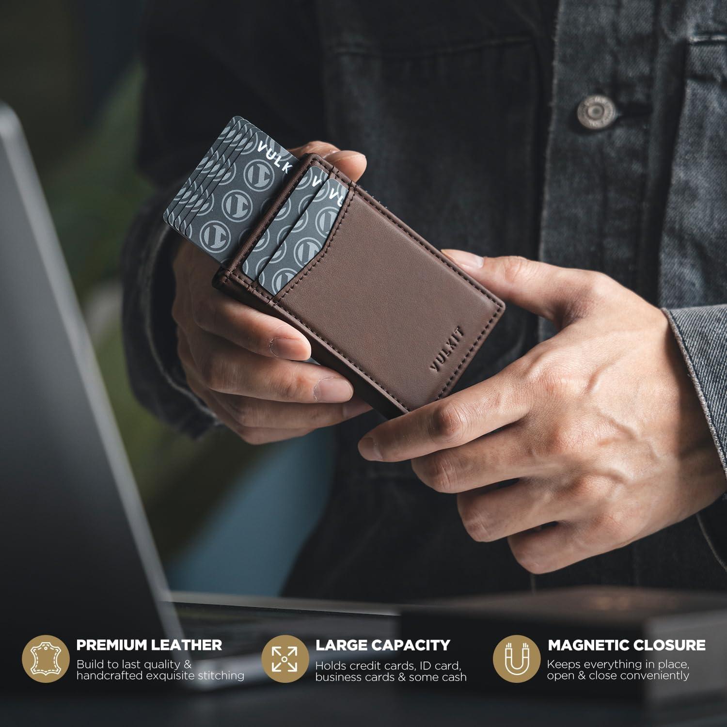 image:imageVULKIT Mens Slim Wallets Pop Up Card Holder RFID Blocking Metal Wallet Minimalist Design Holds Up to 11 CardsG2Premium EspressoMagnetic Closure