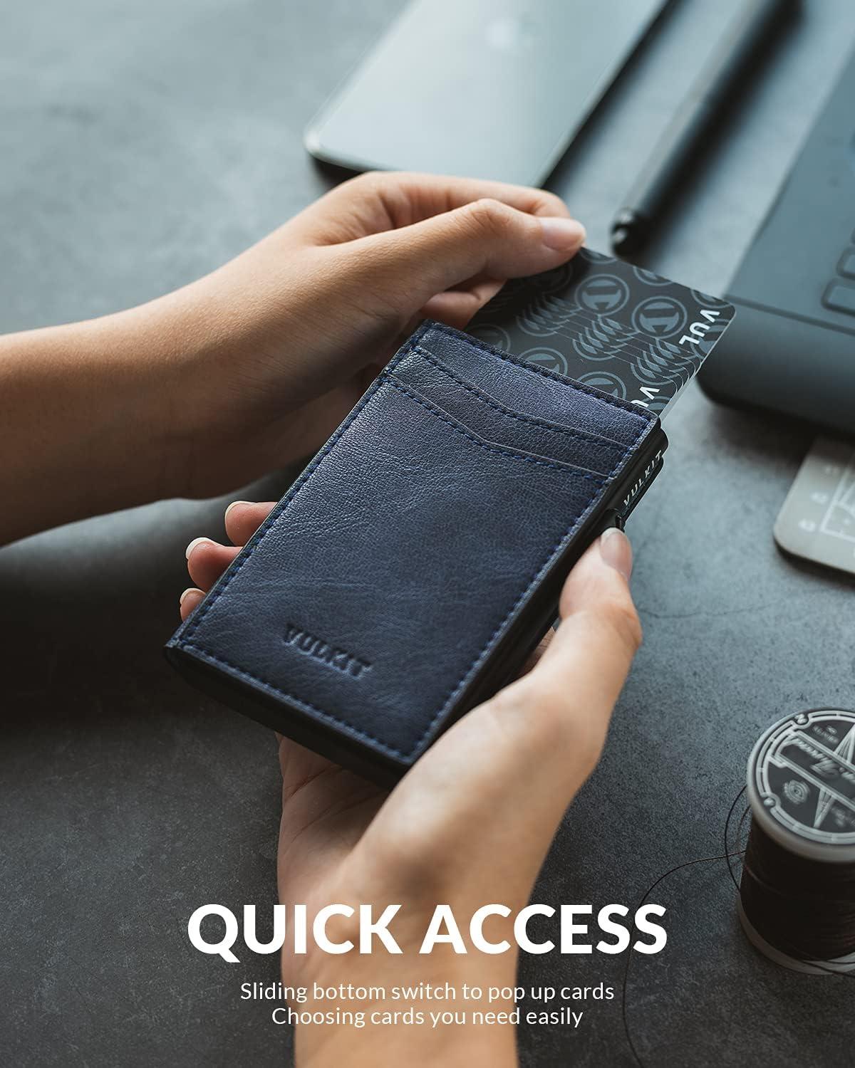 image:imageVULKIT Mens Slim Wallets Pop Up Card Holder RFID Blocking Metal Wallet Minimalist Design Holds Up to 11 CardsNavy