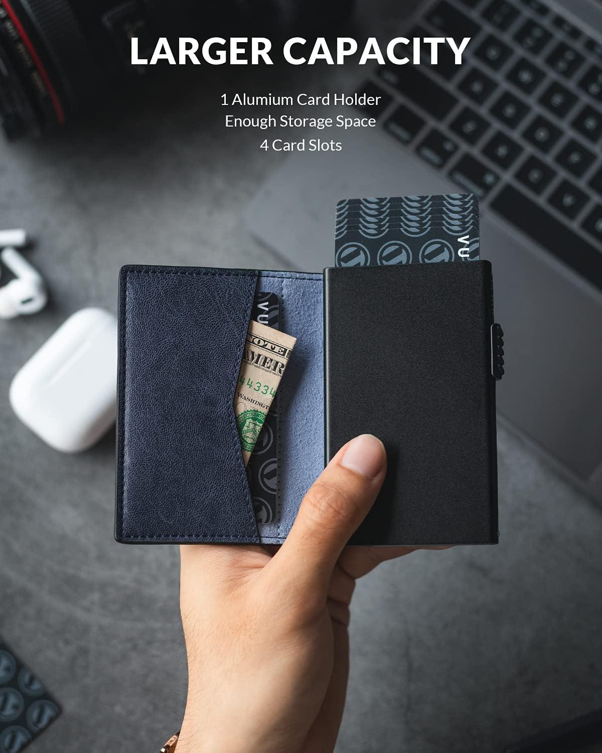 image:imageVULKIT Mens Slim Wallets Pop Up Card Holder RFID Blocking Metal Wallet Minimalist Design Holds Up to 11 CardsNavy