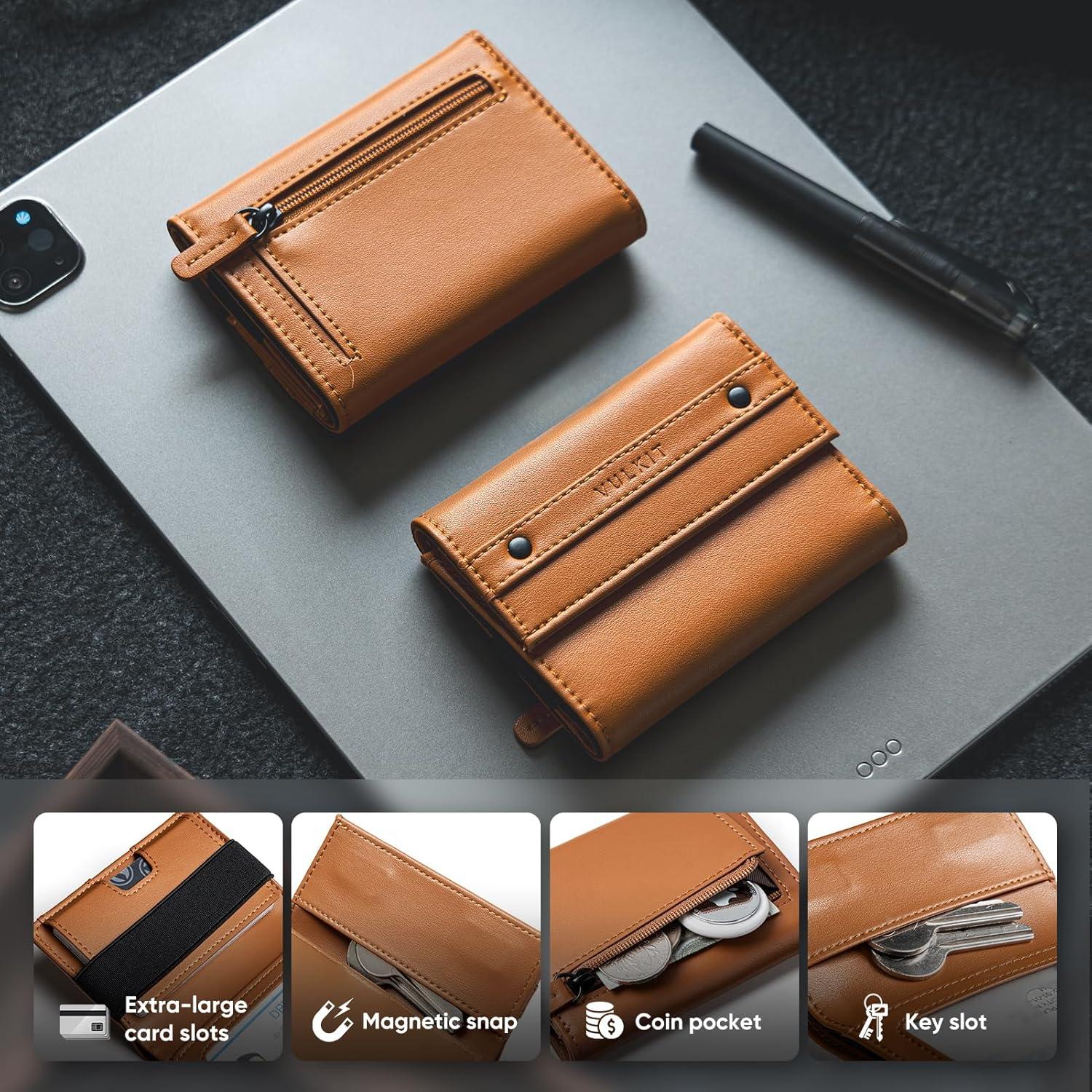 image:imageVULKIT Mens Wallet RFID Blocking Leather Compact Trifold with Zippered Coin Pocket ID Window and Business Card Holder GreenBrown