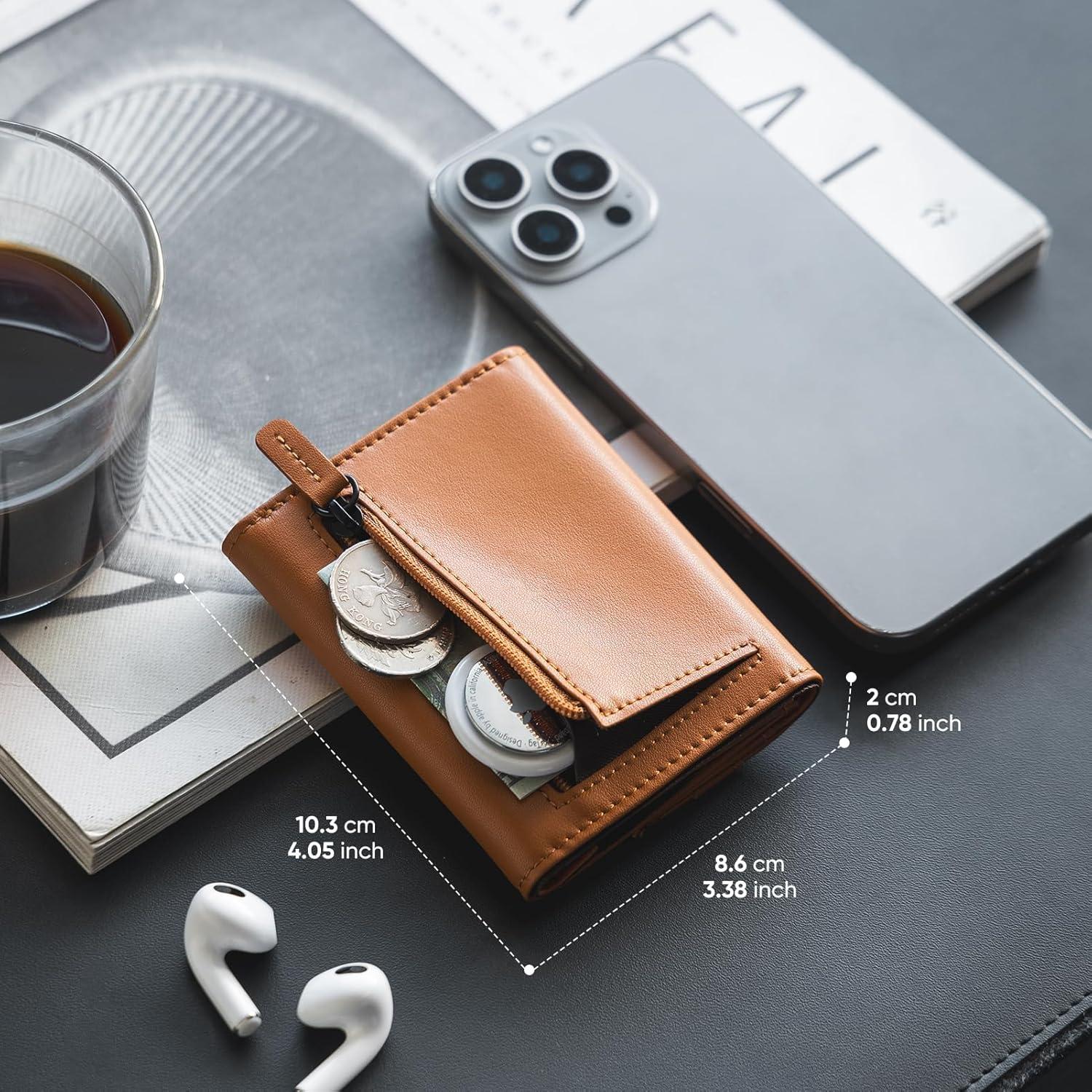 image:imageVULKIT Mens Wallet RFID Blocking Leather Compact Trifold with Zippered Coin Pocket ID Window and Business Card Holder GreenBrown
