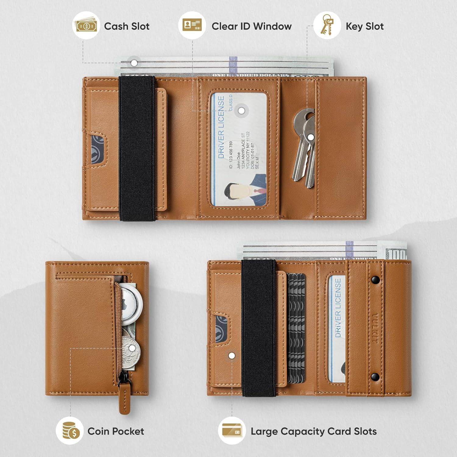 image:imageVULKIT Mens Wallet RFID Blocking Leather Compact Trifold with Zippered Coin Pocket ID Window and Business Card Holder GreenBrown
