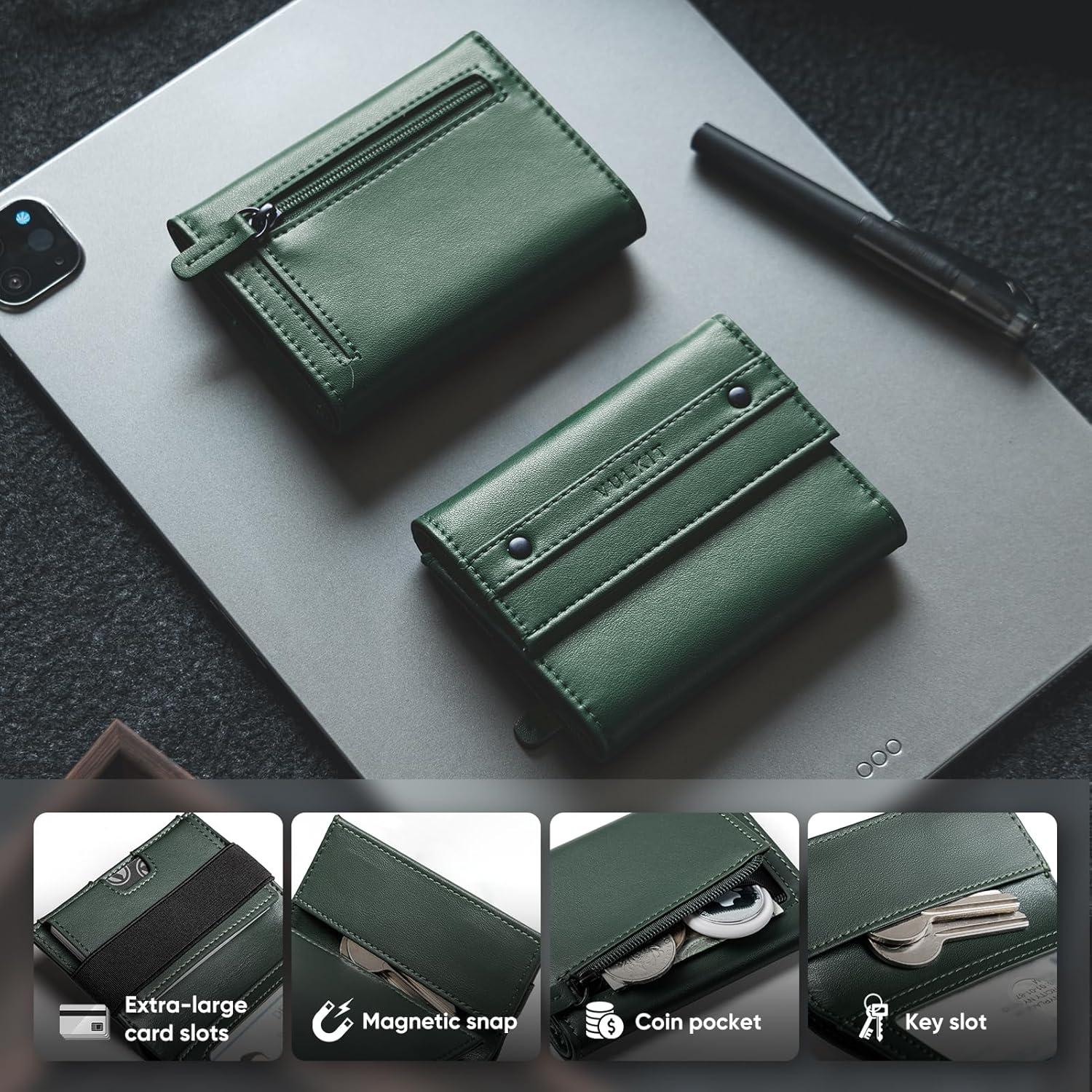 image:imageVULKIT Mens Wallet RFID Blocking Leather Compact Trifold with Zippered Coin Pocket ID Window and Business Card Holder GreenGreen