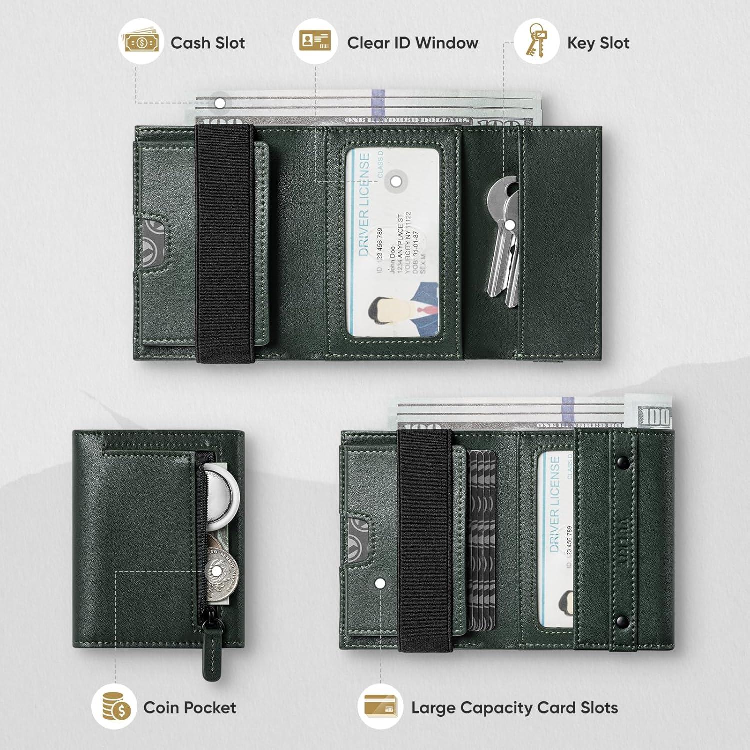 image:imageVULKIT Mens Wallet RFID Blocking Leather Compact Trifold with Zippered Coin Pocket ID Window and Business Card Holder GreenGreen