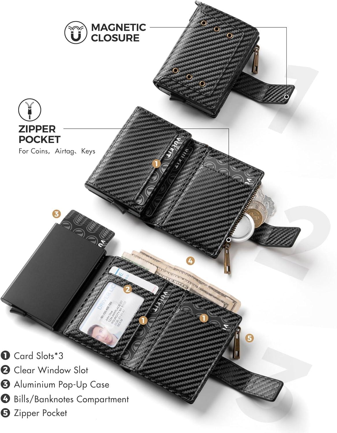 image:imageVULKIT Mens Wallet RFID Protected with Chain POP UP Credit Card Ejector Case ID Window Zipper Pocket for Coins and Compartment for BillsBanknotes Carbon BlackCarbon Black