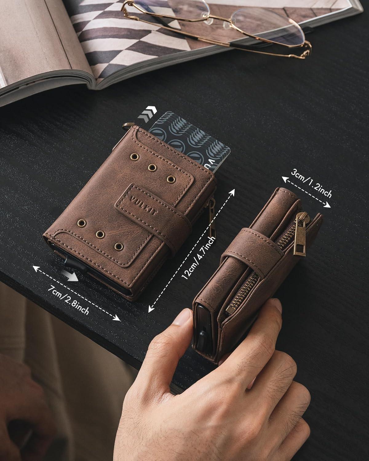 image:imageVULKIT Mens Wallet RFID Protected with Chain POP UP Credit Card Ejector Case ID Window Zipper Pocket for Coins and Compartment for BillsBanknotes Carbon BlackCoffee Brown