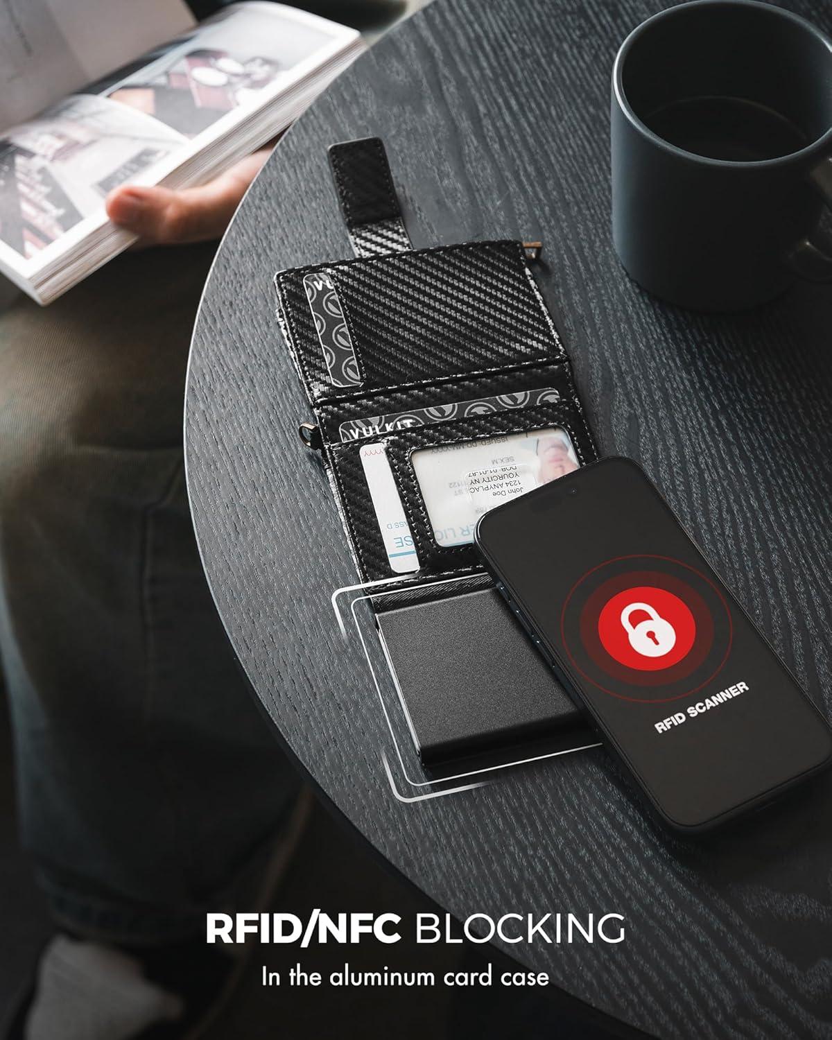 image:imageVULKIT Mens Wallet RFID Protected with Chain POP UP Credit Card Ejector Case ID Window Zipper Pocket for Coins and Compartment for BillsBanknotes Carbon BlackCarbon Black