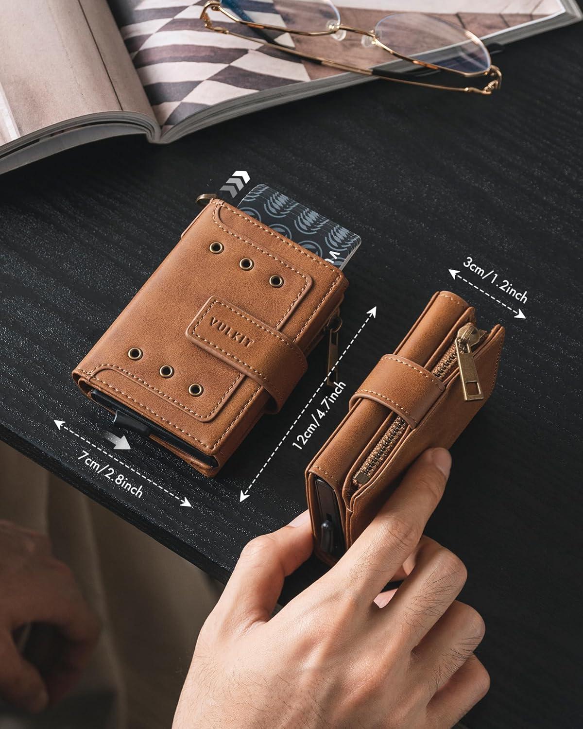 image:imageVULKIT Mens Wallet RFID Protected with Chain POP UP Credit Card Ejector Case ID Window Zipper Pocket for Coins and Compartment for BillsBanknotes Carbon BlackBrown