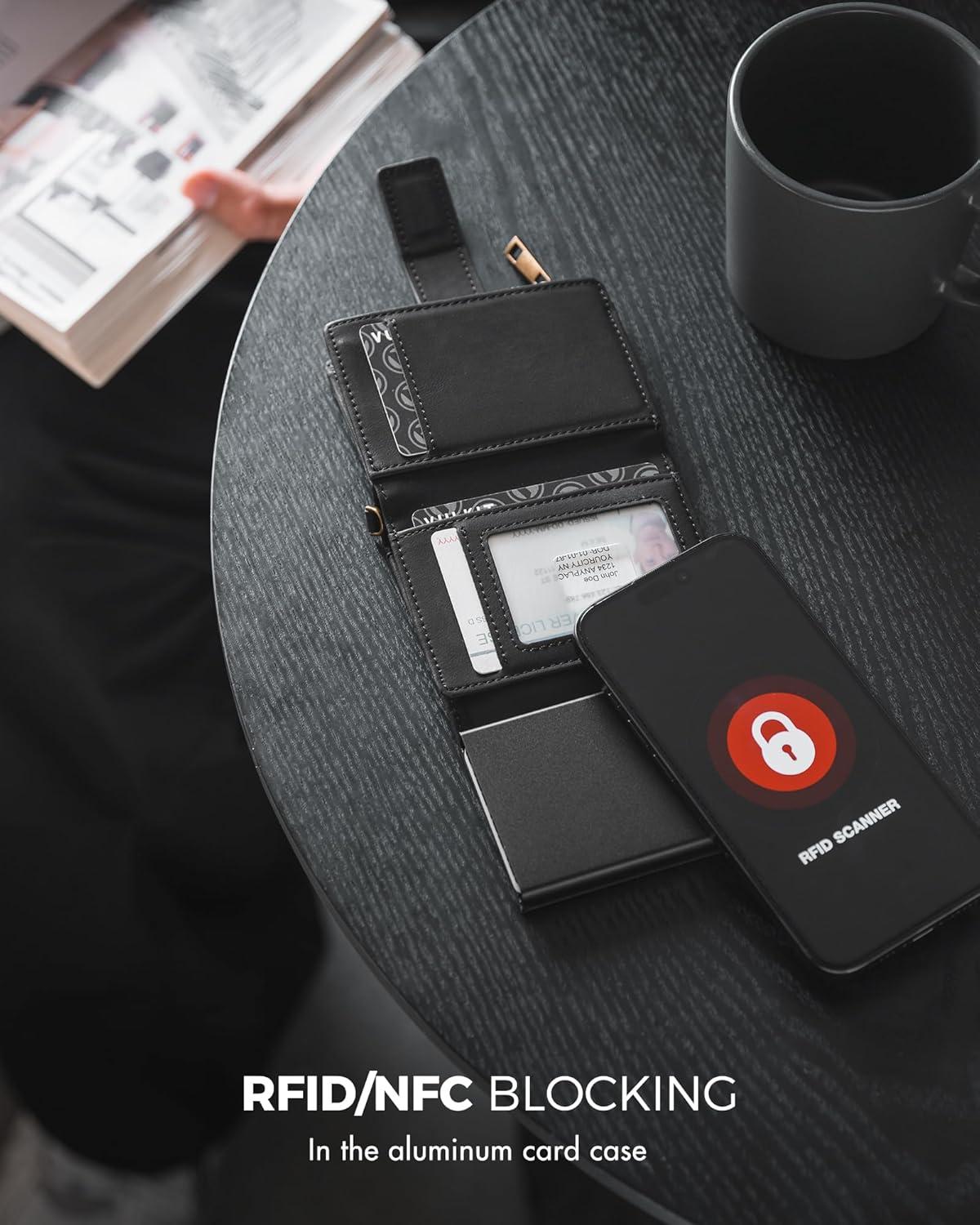 image:imageVULKIT Mens Wallet RFID Protected with Chain POP UP Credit Card Ejector Case ID Window Zipper Pocket for Coins and Compartment for BillsBanknotes Carbon BlackMatt Black