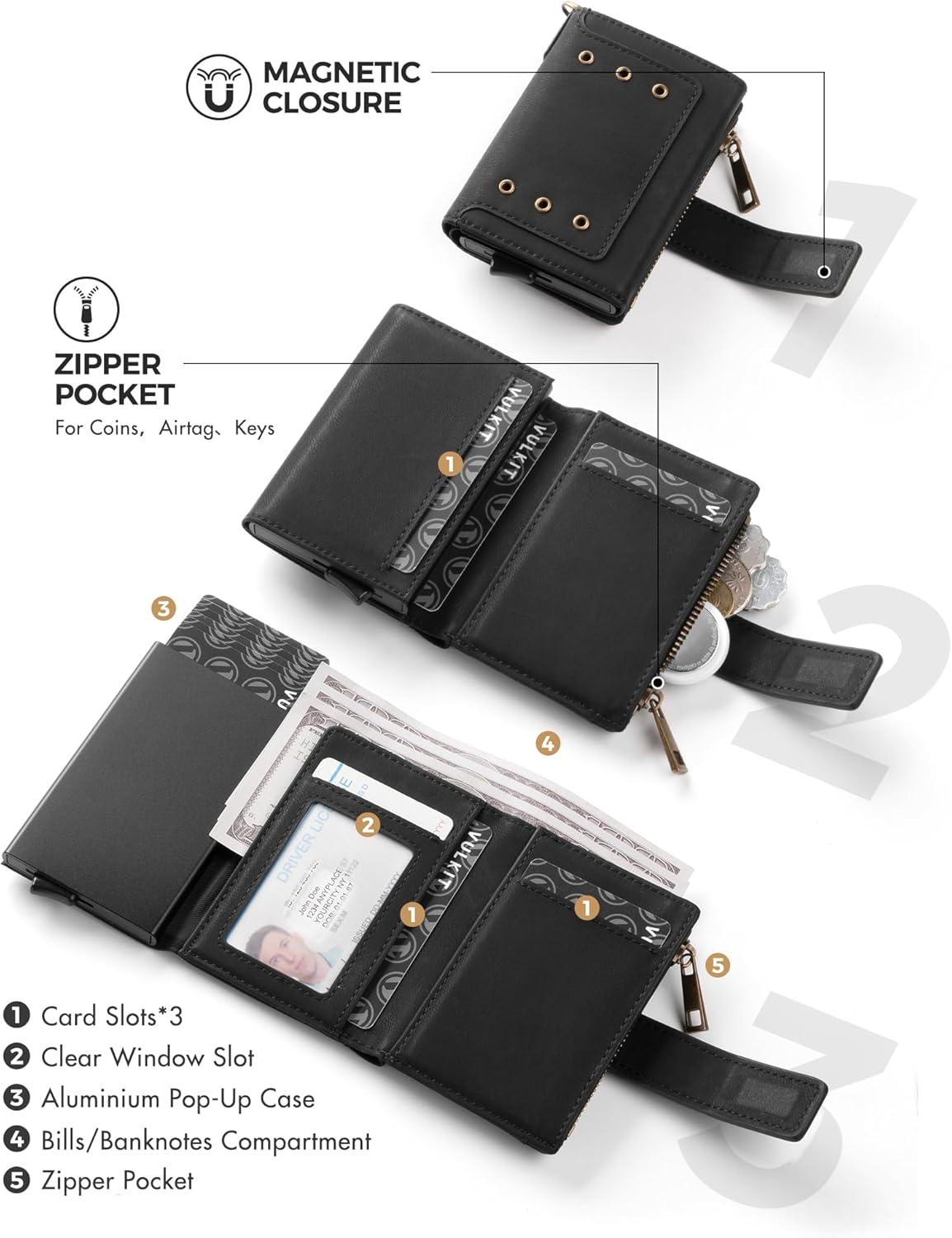 image:imageVULKIT Mens Wallet RFID Protected with Chain POP UP Credit Card Ejector Case ID Window Zipper Pocket for Coins and Compartment for BillsBanknotes Carbon BlackMatt Black