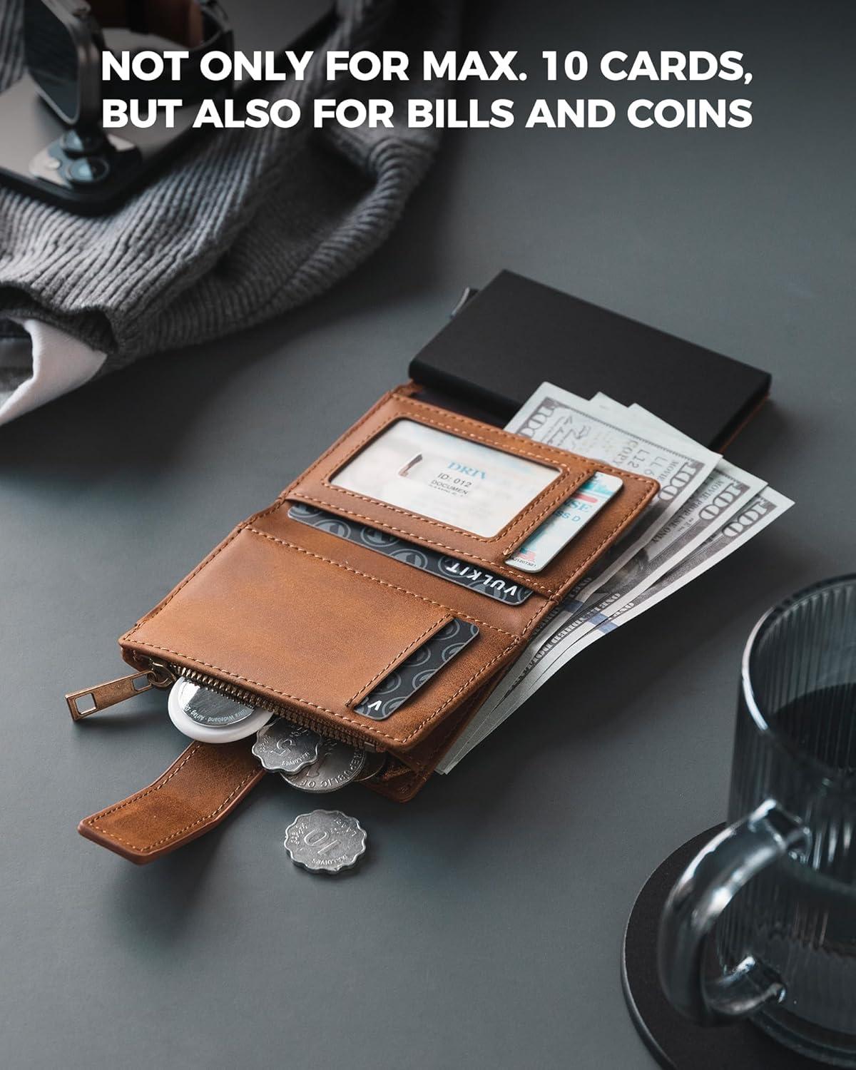 image:imageVULKIT Mens Wallet RFID Protected with Chain POP UP Credit Card Ejector Case ID Window Zipper Pocket for Coins and Compartment for BillsBanknotes Carbon BlackBrown