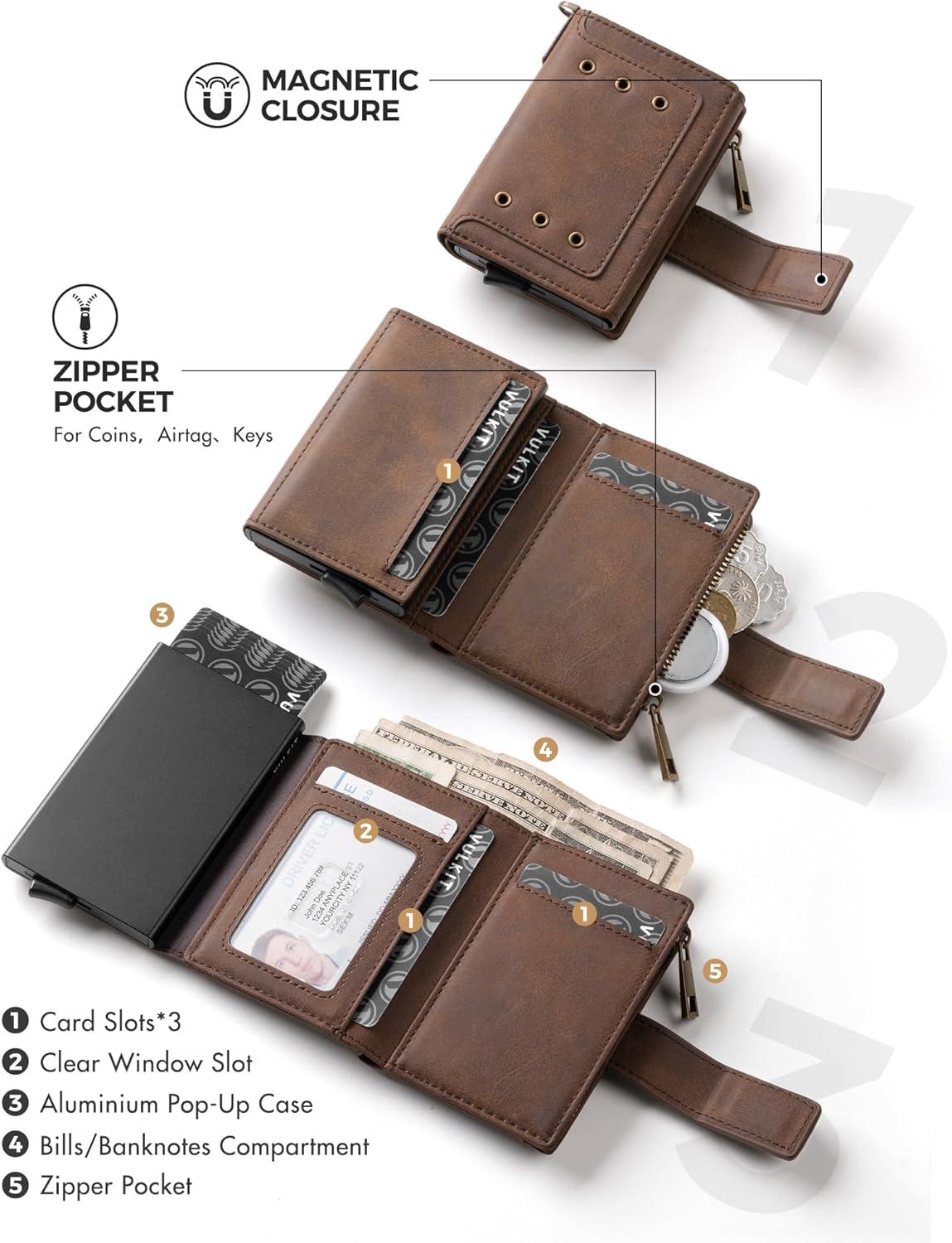 image:imageVULKIT Mens Wallet RFID Protected with Chain POP UP Credit Card Ejector Case ID Window Zipper Pocket for Coins and Compartment for BillsBanknotes Carbon BlackCoffee Brown