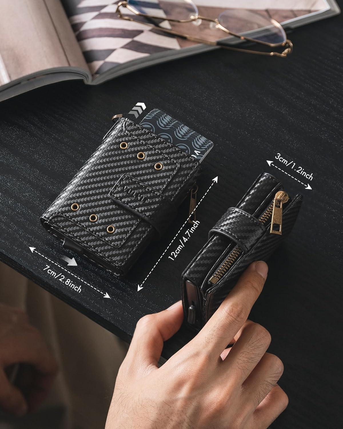 image:imageVULKIT Mens Wallet RFID Protected with Chain POP UP Credit Card Ejector Case ID Window Zipper Pocket for Coins and Compartment for BillsBanknotes Carbon BlackCarbon Black
