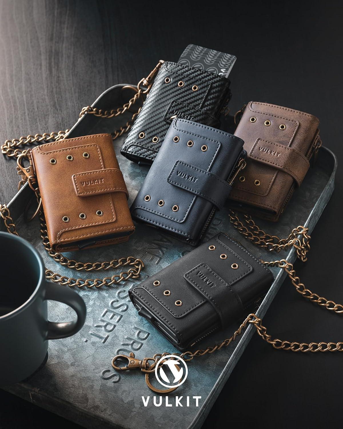 image:imageVULKIT Mens Wallet RFID Protected with Chain POP UP Credit Card Ejector Case ID Window Zipper Pocket for Coins and Compartment for BillsBanknotes Carbon BlackCarbon Black