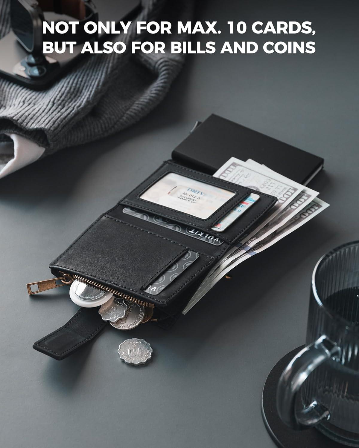 image:imageVULKIT Mens Wallet RFID Protected with Chain POP UP Credit Card Ejector Case ID Window Zipper Pocket for Coins and Compartment for BillsBanknotes Carbon BlackMatt Black
