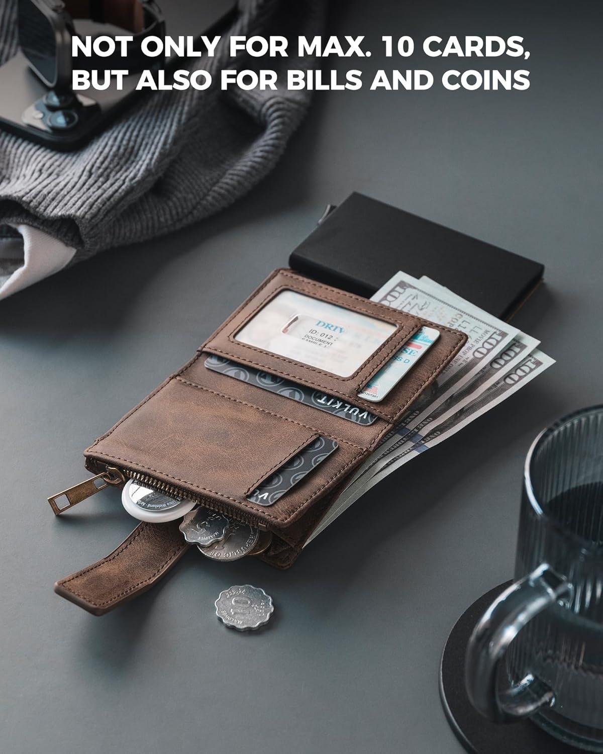 image:imageVULKIT Mens Wallet RFID Protected with Chain POP UP Credit Card Ejector Case ID Window Zipper Pocket for Coins and Compartment for BillsBanknotes Carbon BlackCoffee Brown