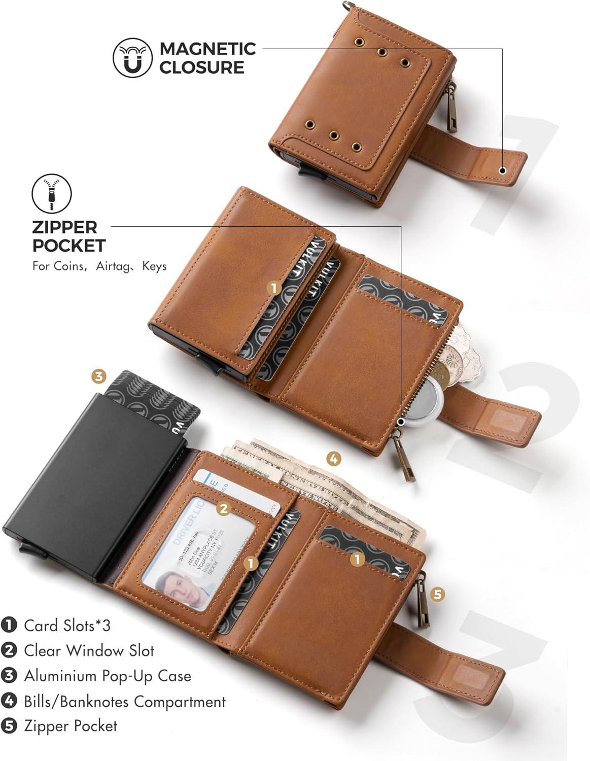 image:imageVULKIT Mens Wallet RFID Protected with Chain POP UP Credit Card Ejector Case ID Window Zipper Pocket for Coins and Compartment for BillsBanknotes Carbon BlackBrown