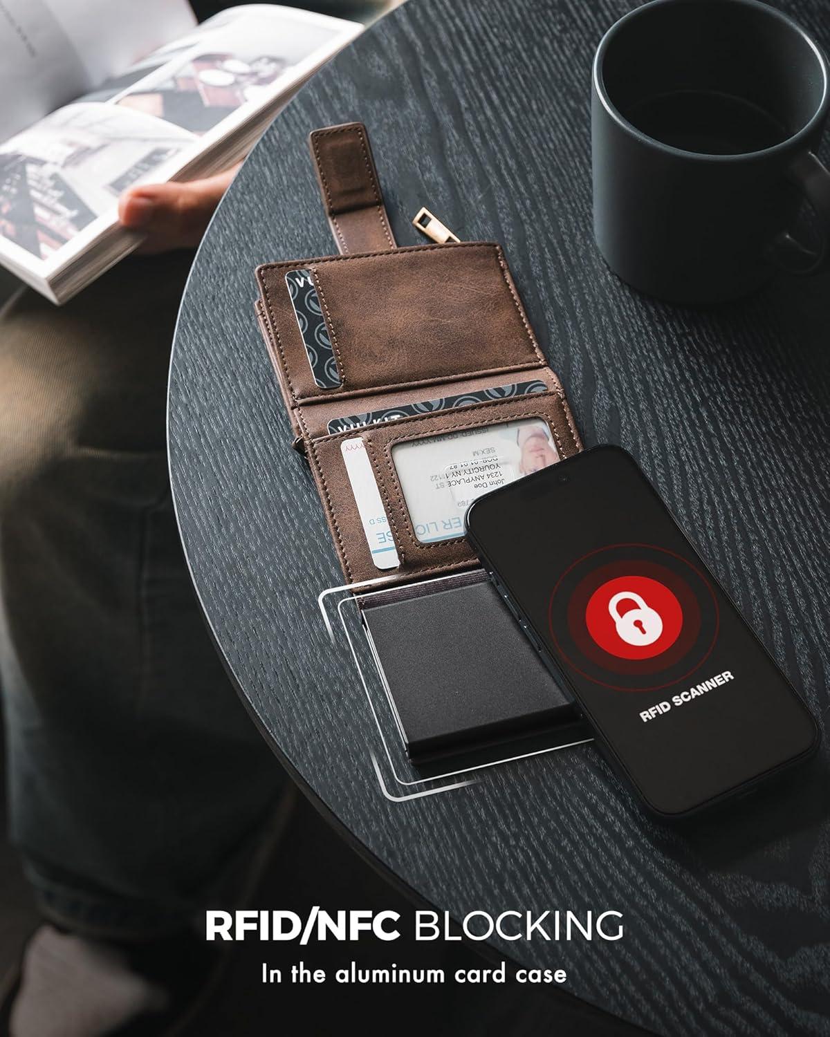 image:imageVULKIT Mens Wallet RFID Protected with Chain POP UP Credit Card Ejector Case ID Window Zipper Pocket for Coins and Compartment for BillsBanknotes Carbon BlackCoffee Brown