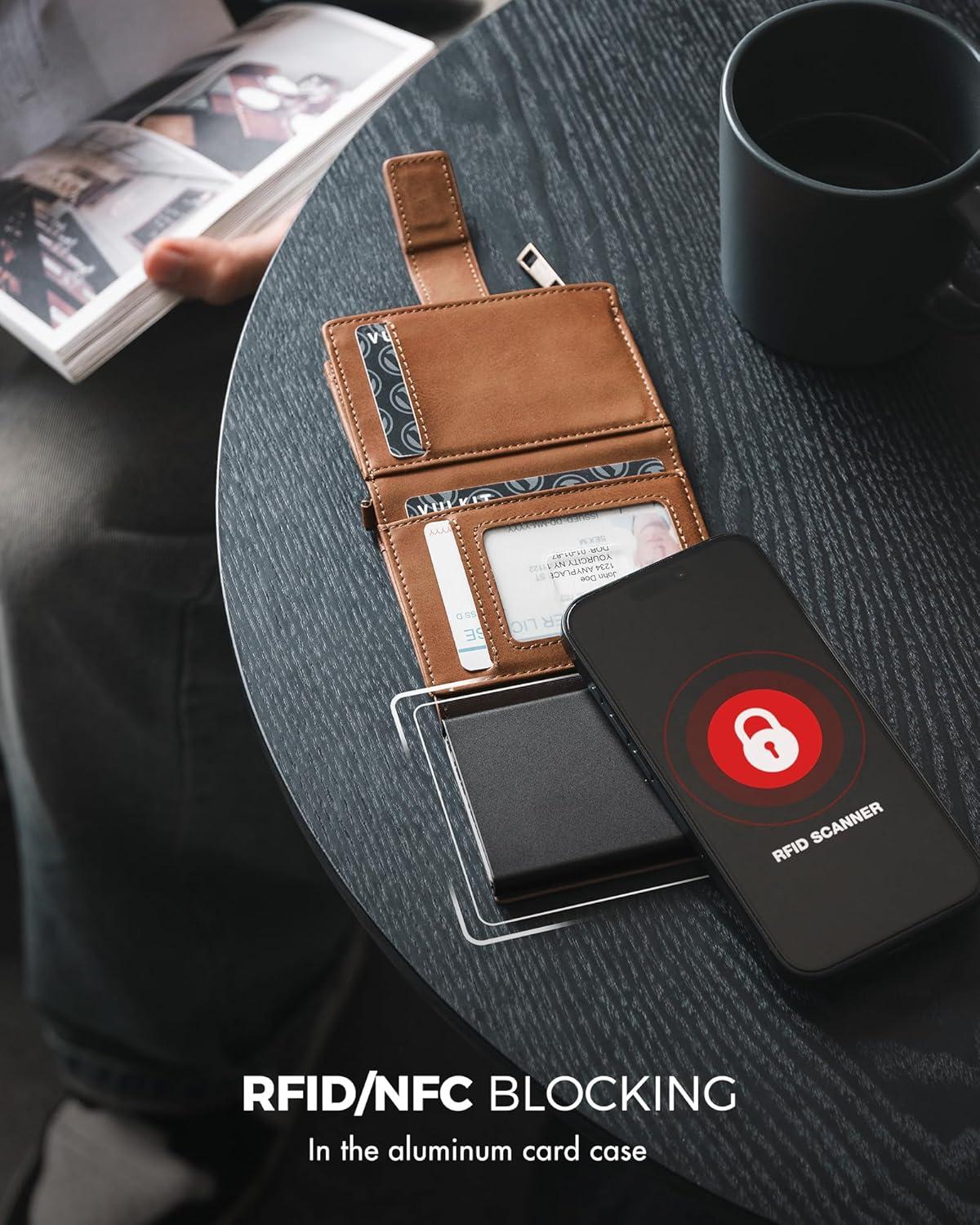 image:imageVULKIT Mens Wallet RFID Protected with Chain POP UP Credit Card Ejector Case ID Window Zipper Pocket for Coins and Compartment for BillsBanknotes Carbon BlackBrown
