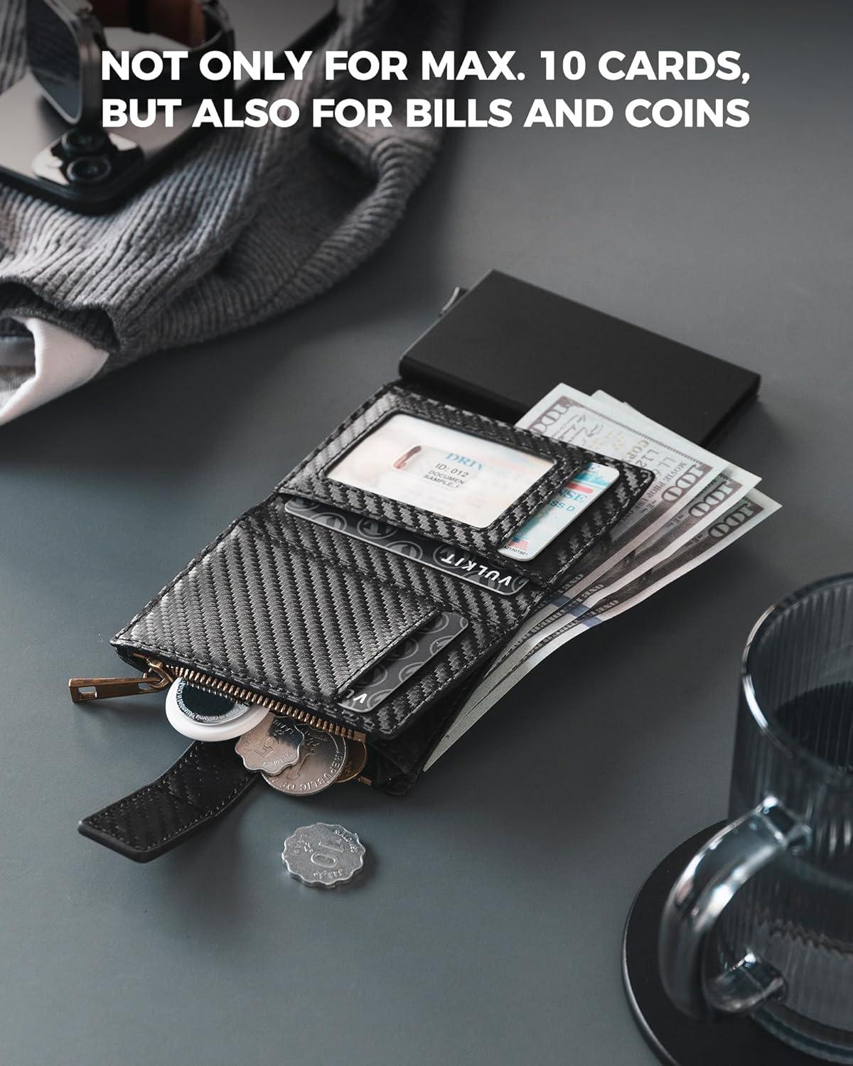 image:imageVULKIT Mens Wallet RFID Protected with Chain POP UP Credit Card Ejector Case ID Window Zipper Pocket for Coins and Compartment for BillsBanknotes Carbon BlackCarbon Black