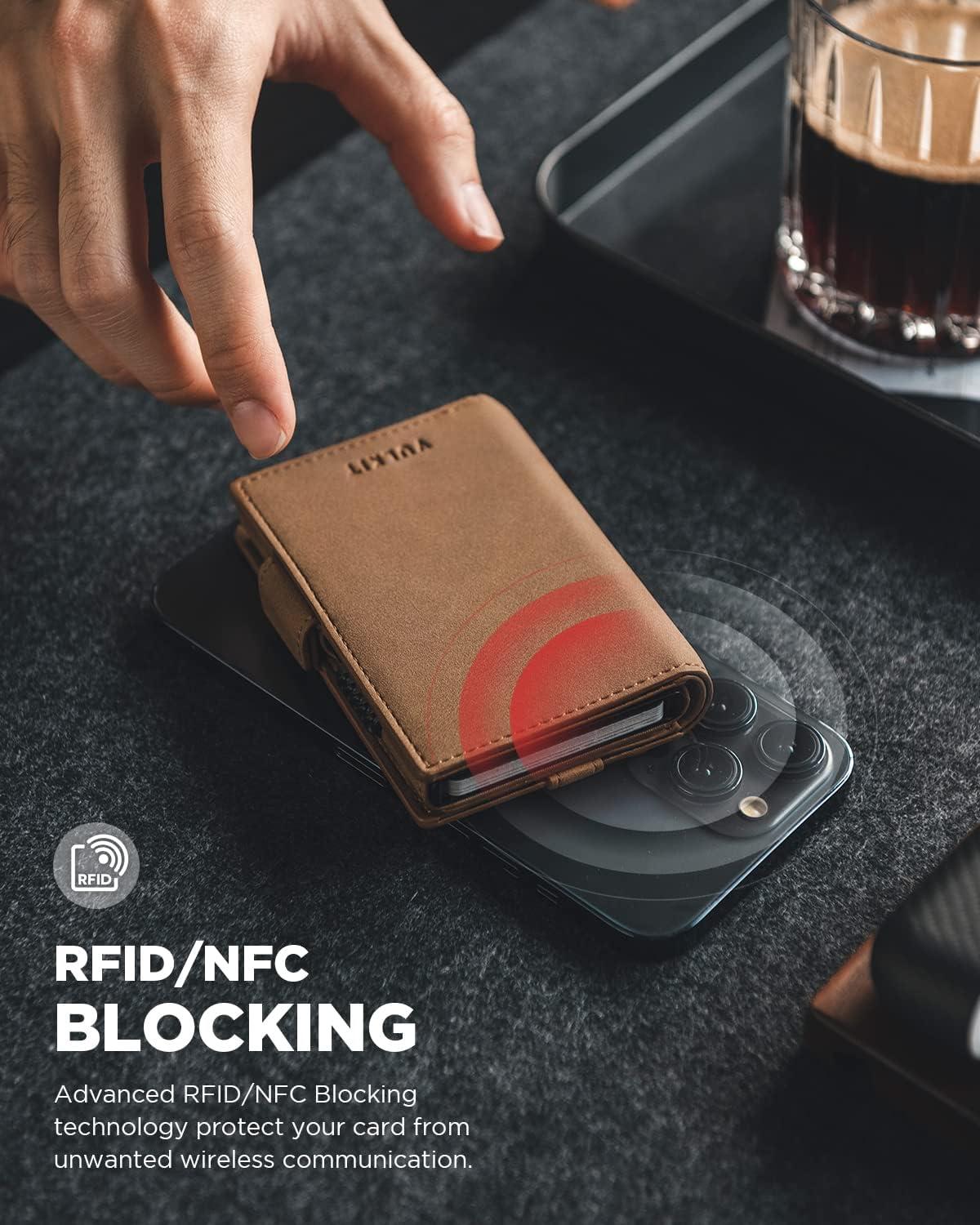 image:imageVULKIT Mens Wallet with Key Ring amp Airtag Holder Leather Pop Up Card Holder RFID Blocking Keychain Wallet Cash CompartmentAmber Brown