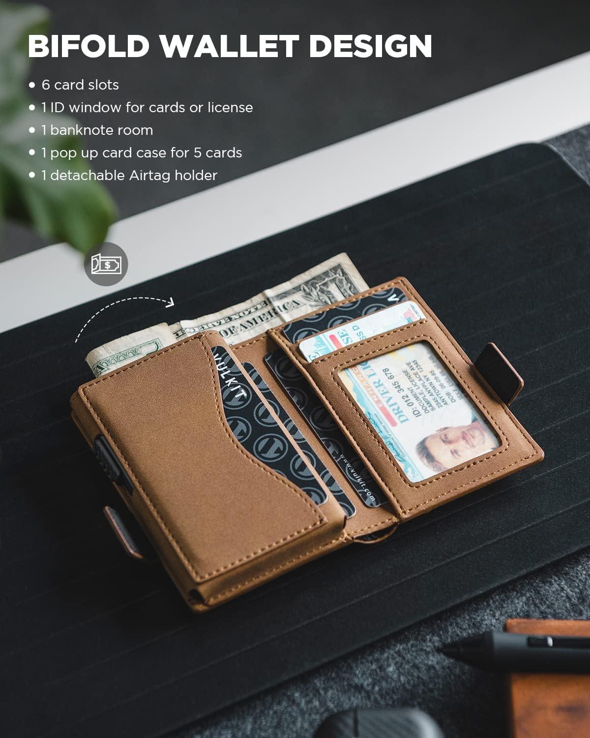 image:imageVULKIT Mens Wallet with Key Ring amp Airtag Holder Leather Pop Up Card Holder RFID Blocking Keychain Wallet Cash CompartmentAmber Brown