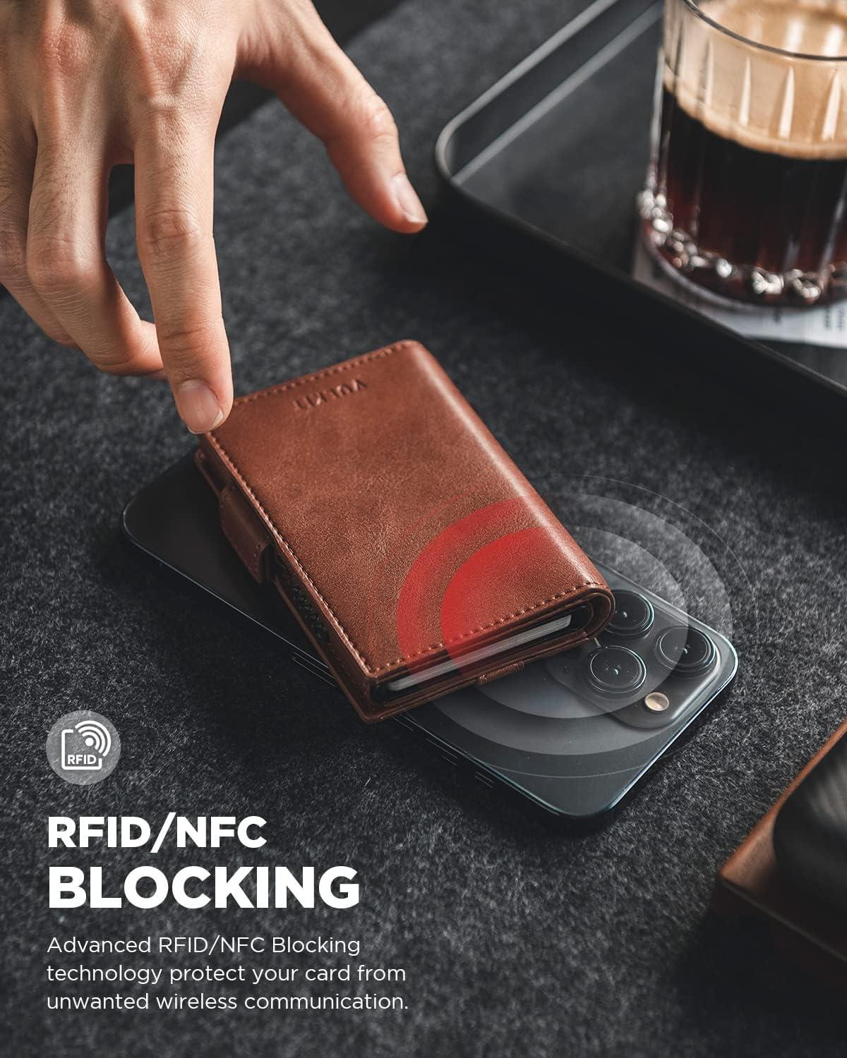 image:imageVULKIT Mens Wallet with Key Ring amp Airtag Holder Leather Pop Up Card Holder RFID Blocking Keychain Wallet Cash CompartmentBrown