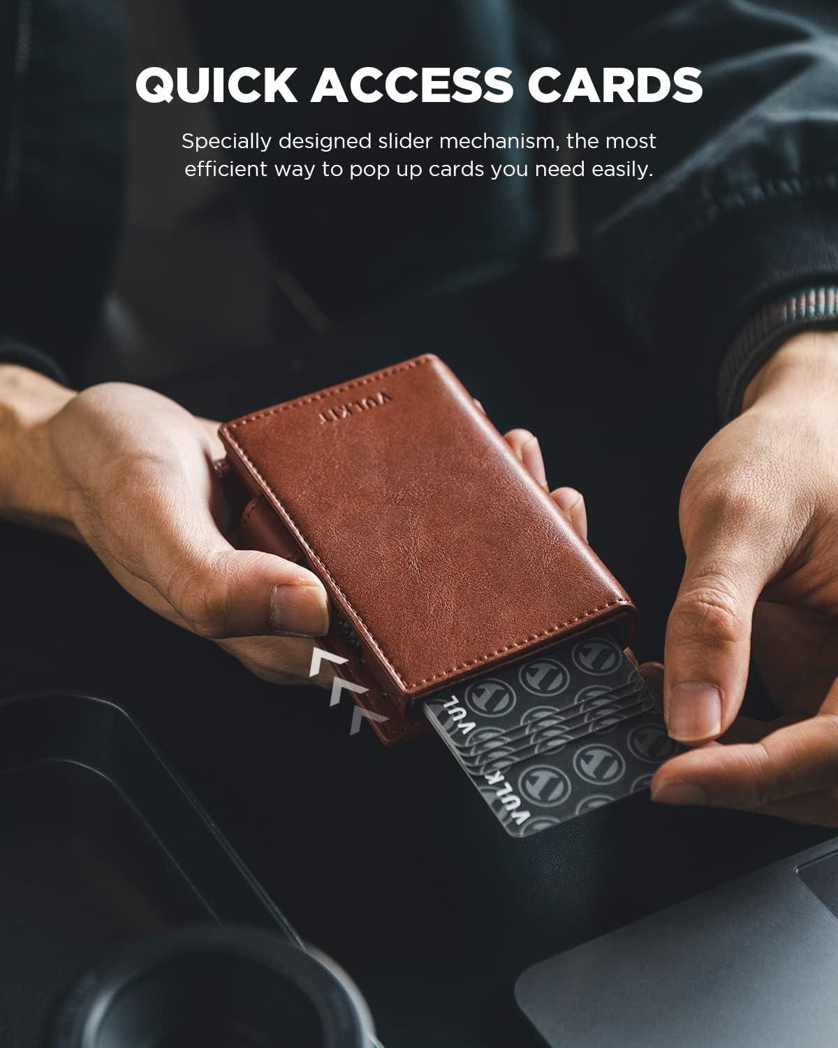 image:imageVULKIT Mens Wallet with Key Ring amp Airtag Holder Leather Pop Up Card Holder RFID Blocking Keychain Wallet Cash CompartmentBrown