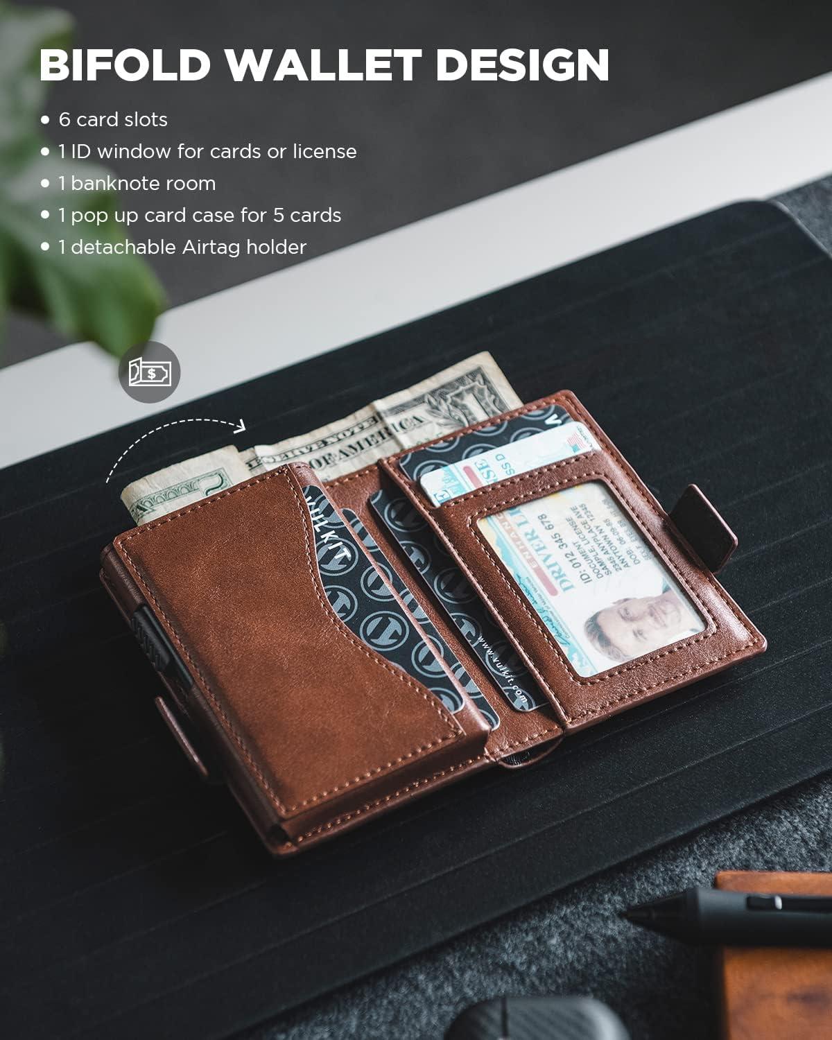 image:imageVULKIT Mens Wallet with Key Ring amp Airtag Holder Leather Pop Up Card Holder RFID Blocking Keychain Wallet Cash CompartmentBrown