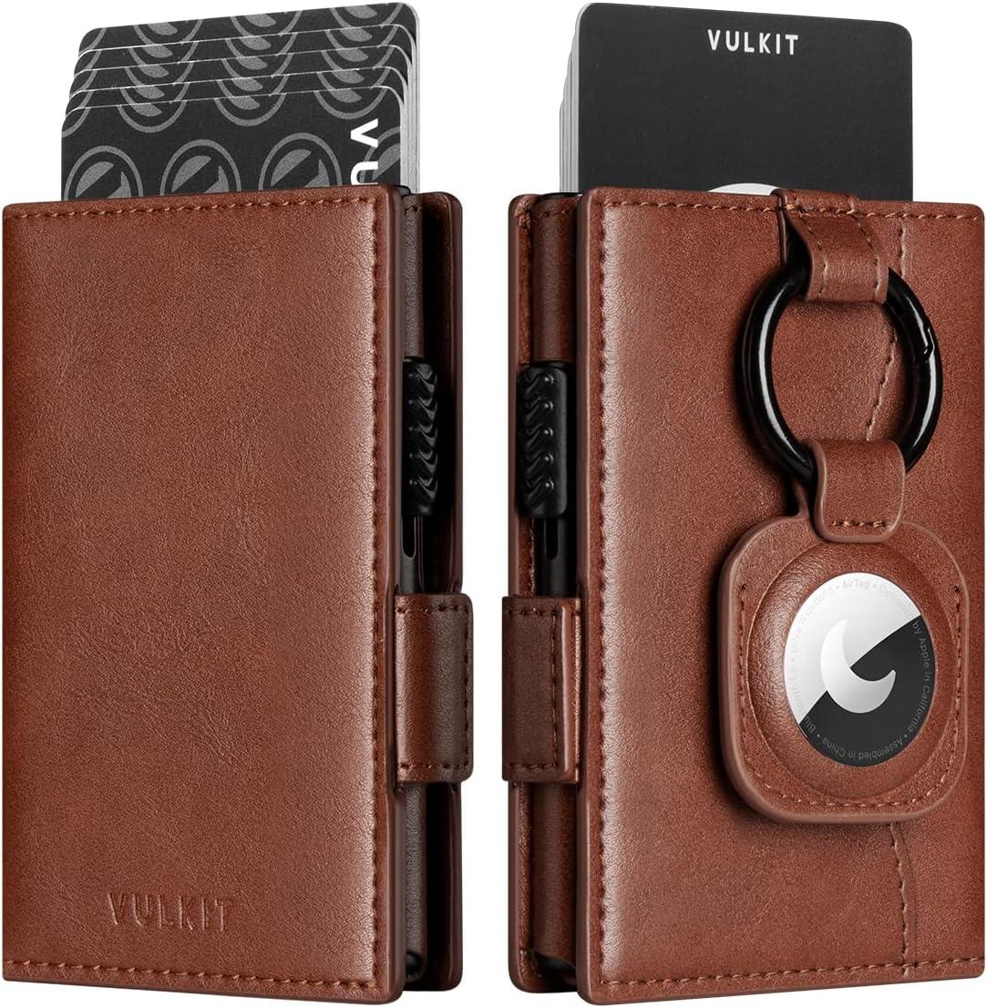 image:imageVULKIT Mens Wallet with Key Ring amp Airtag Holder Leather Pop Up Card Holder RFID Blocking Keychain Wallet Cash CompartmentBrown