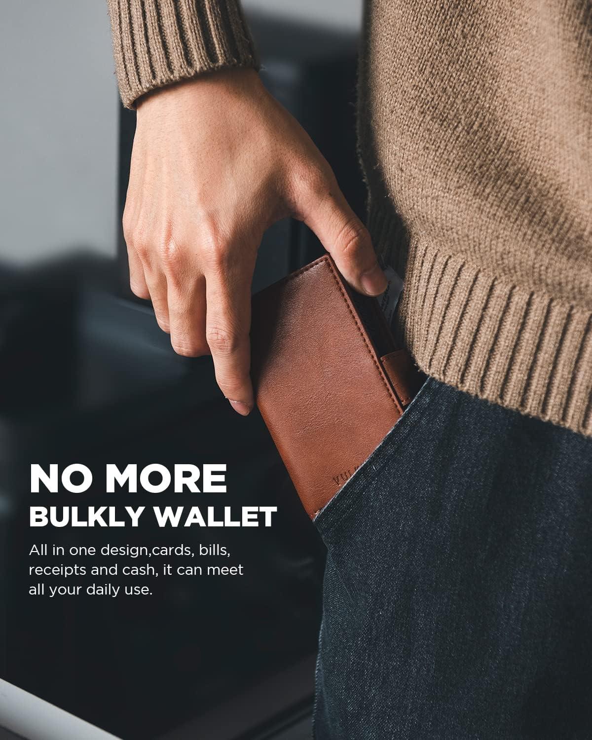 image:imageVULKIT Mens Wallet with Key Ring amp Airtag Holder Leather Pop Up Card Holder RFID Blocking Keychain Wallet Cash CompartmentBrown