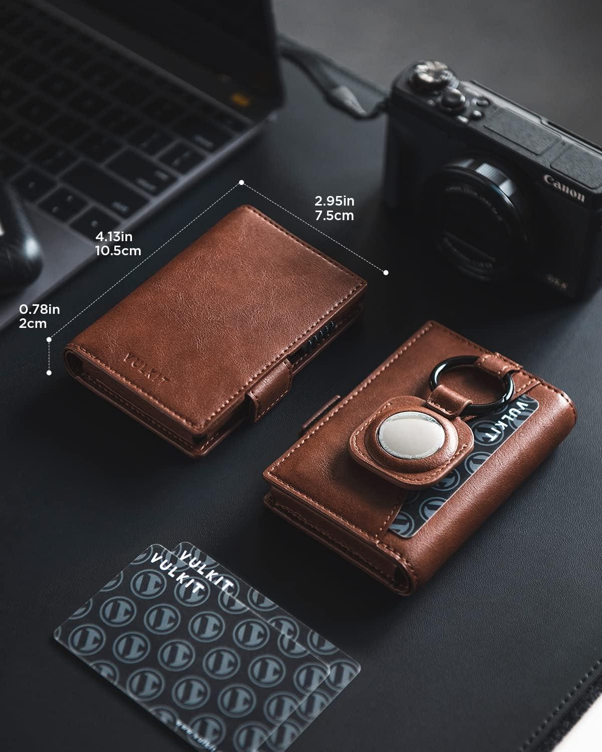 image:imageVULKIT Mens Wallet with Key Ring amp Airtag Holder Leather Pop Up Card Holder RFID Blocking Keychain Wallet Cash CompartmentBrown