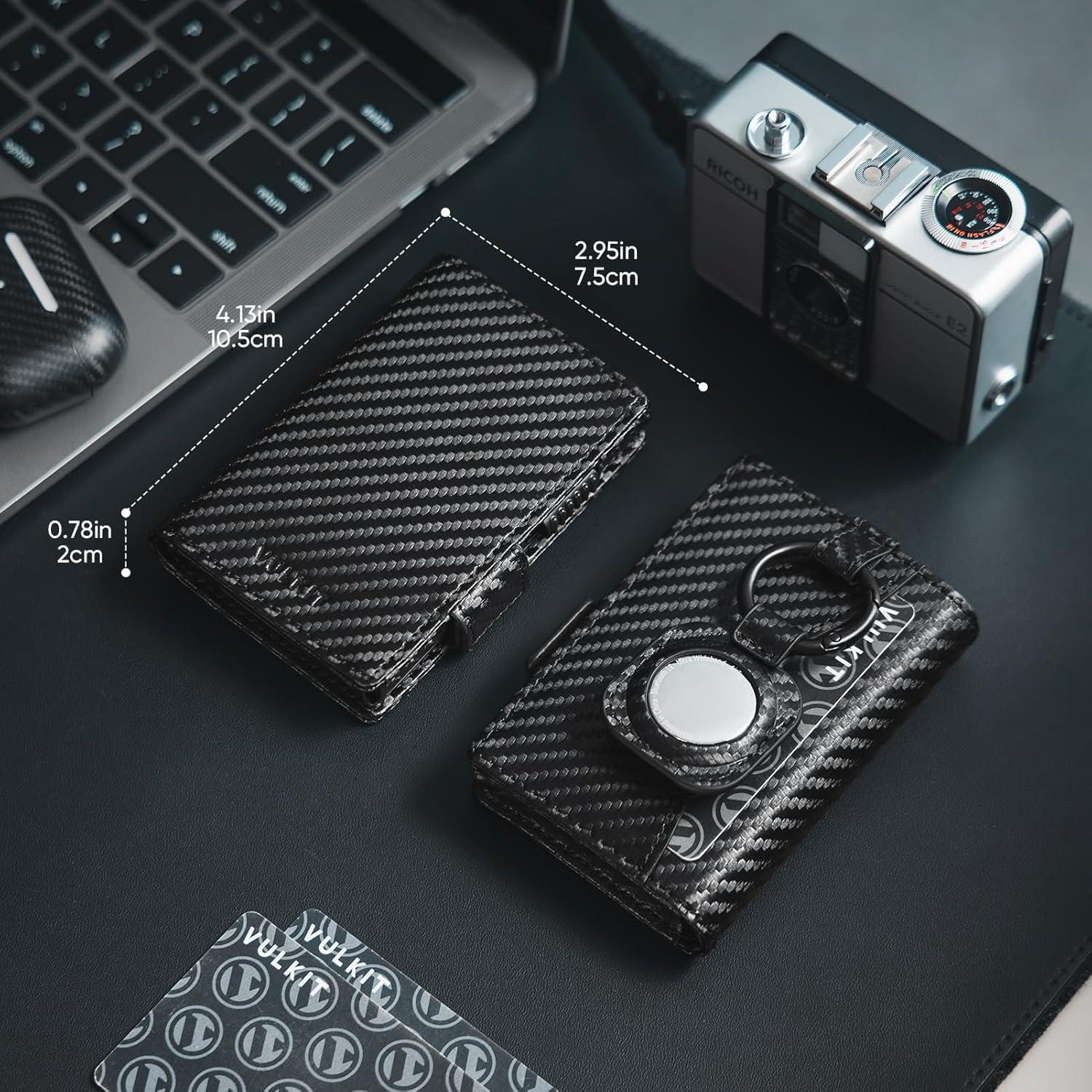 image:imageVULKIT Mens Wallet with Key Ring amp Airtag Holder Leather Pop Up Card Holder RFID Blocking Keychain Wallet Cash CompartmentCarbon Fiber Black