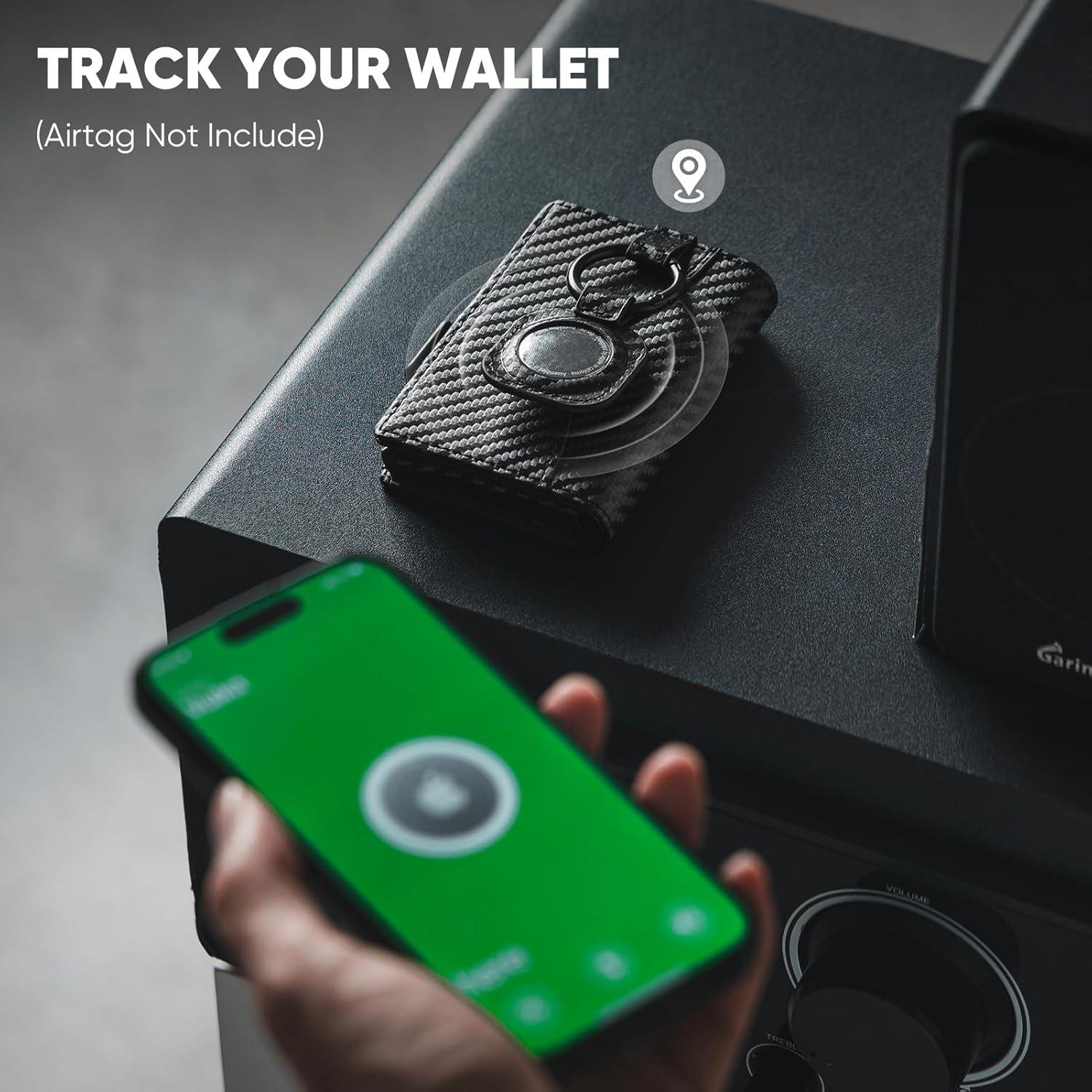 image:imageVULKIT Mens Wallet with Key Ring amp Airtag Holder Leather Pop Up Card Holder RFID Blocking Keychain Wallet Cash CompartmentCarbon Fiber Black