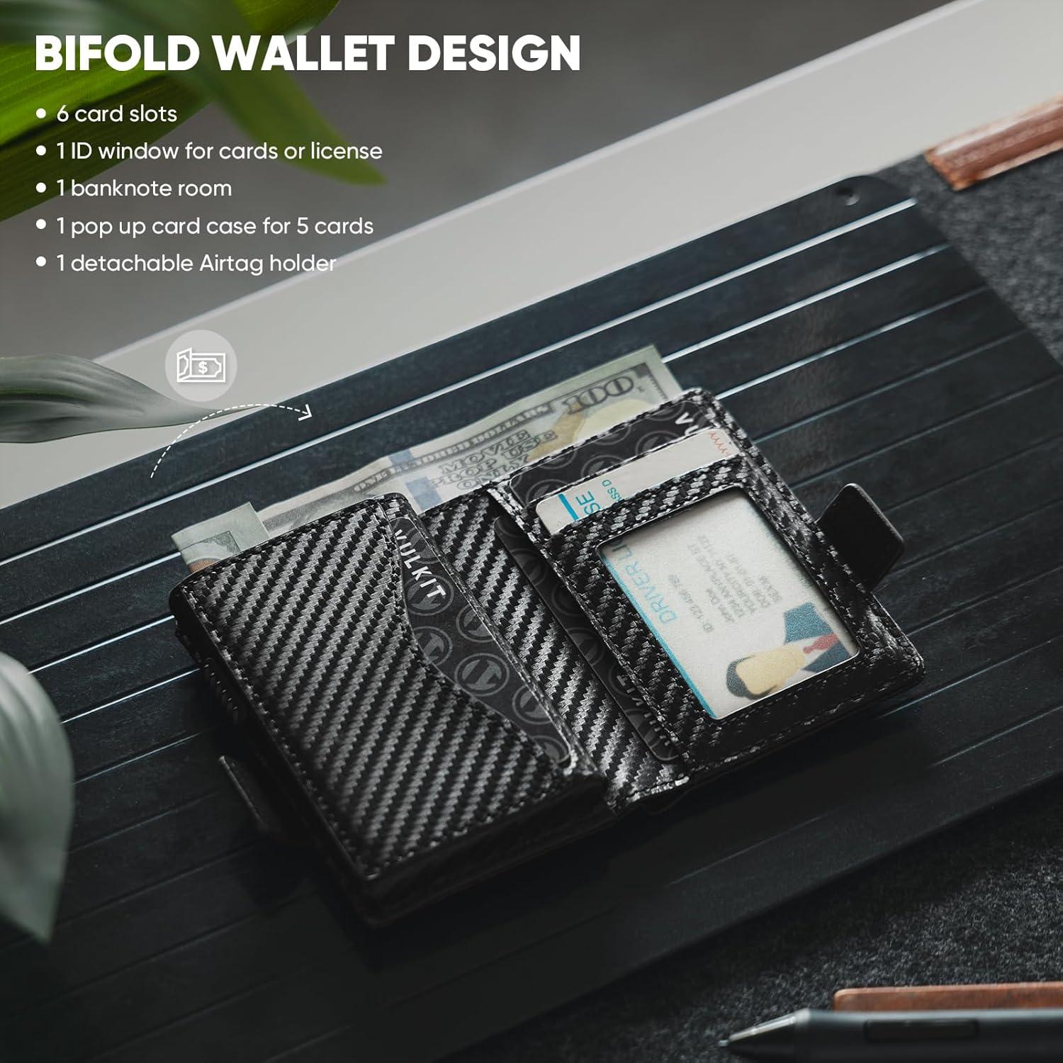 image:imageVULKIT Mens Wallet with Key Ring amp Airtag Holder Leather Pop Up Card Holder RFID Blocking Keychain Wallet Cash CompartmentCarbon Fiber Black