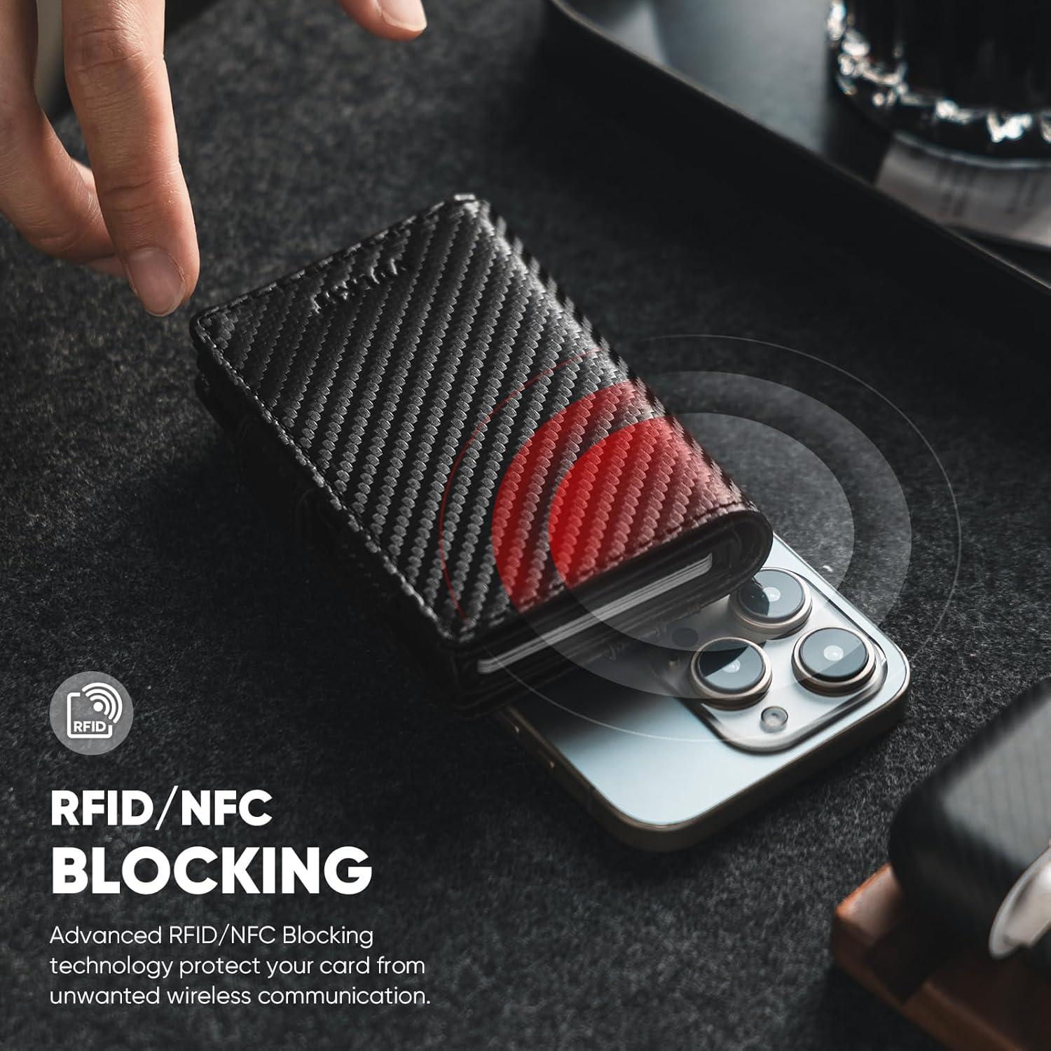 image:imageVULKIT Mens Wallet with Key Ring amp Airtag Holder Leather Pop Up Card Holder RFID Blocking Keychain Wallet Cash CompartmentCarbon Fiber Black