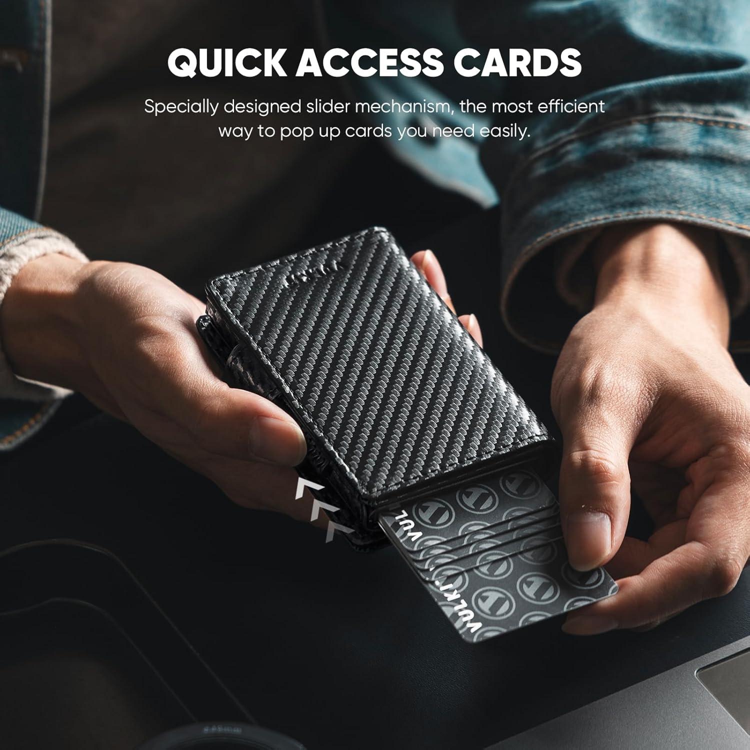 image:imageVULKIT Mens Wallet with Key Ring amp Airtag Holder Leather Pop Up Card Holder RFID Blocking Keychain Wallet Cash CompartmentCarbon Fiber Black
