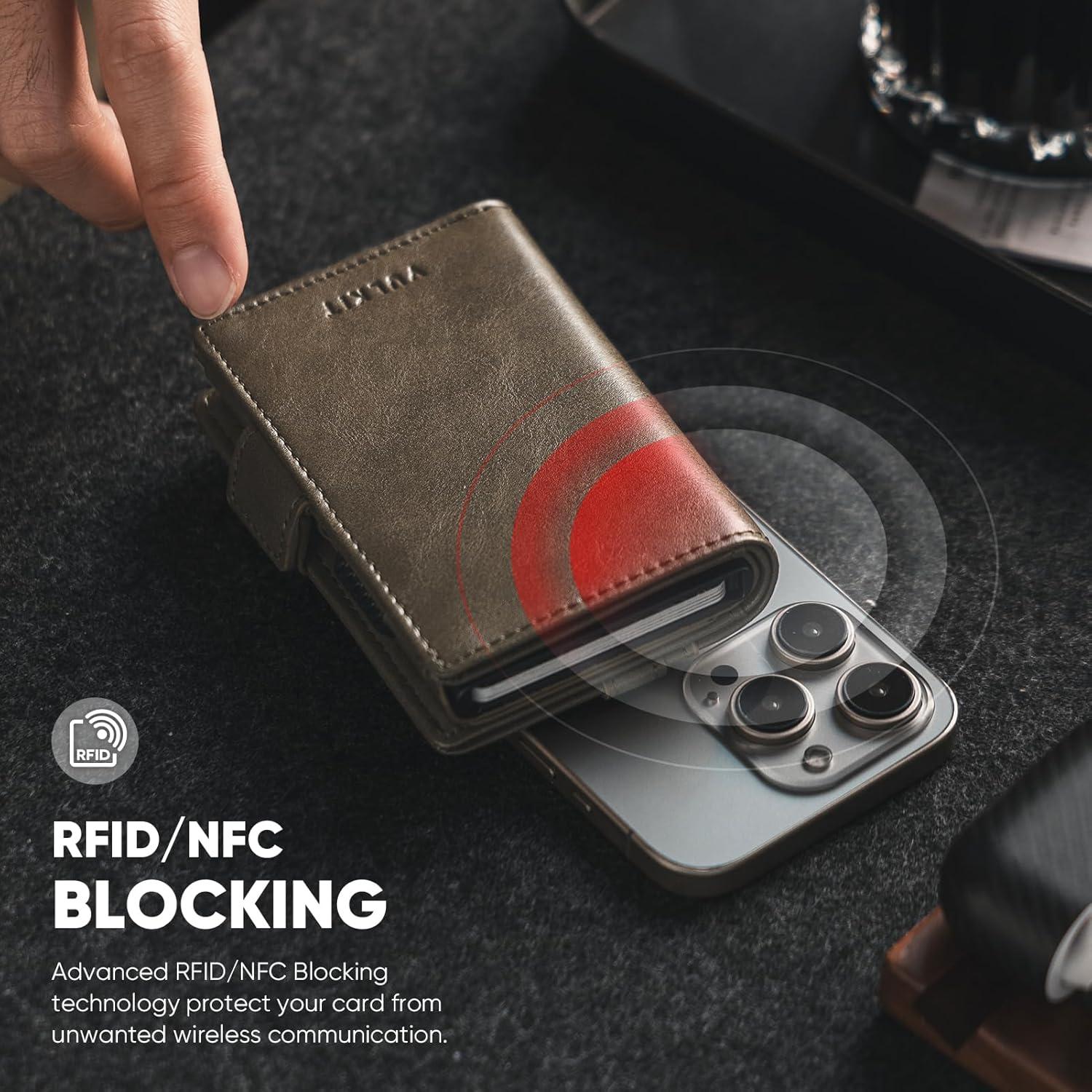 image:imageVULKIT Mens Wallet with Key Ring amp Airtag Holder Leather Pop Up Card Holder RFID Blocking Keychain Wallet Cash CompartmentGreen