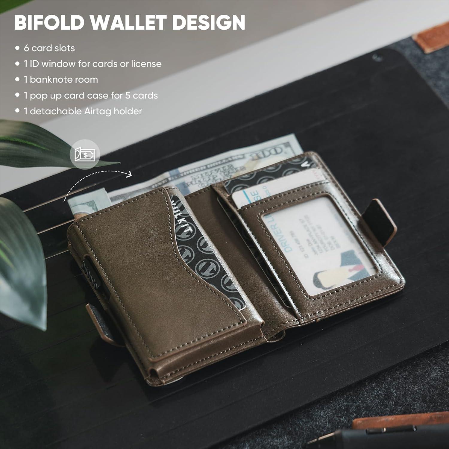 image:imageVULKIT Mens Wallet with Key Ring amp Airtag Holder Leather Pop Up Card Holder RFID Blocking Keychain Wallet Cash CompartmentGreen